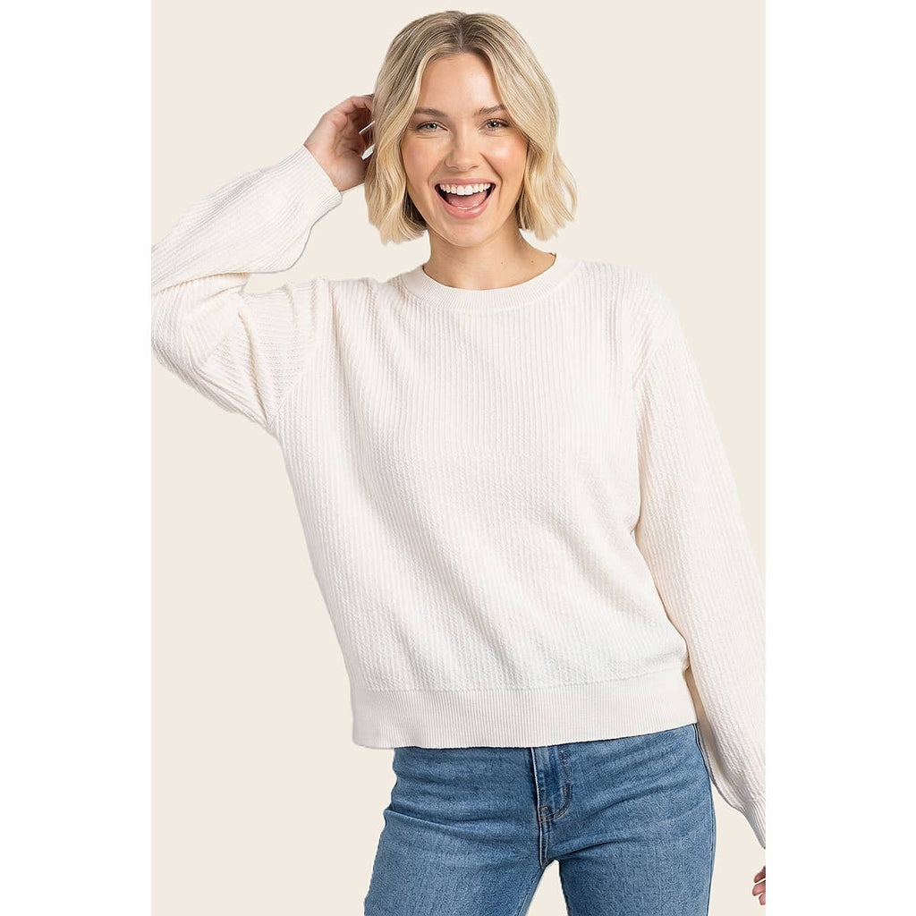 VERTICALLY TEXTURED BALLOON SLEEVE SWEATER