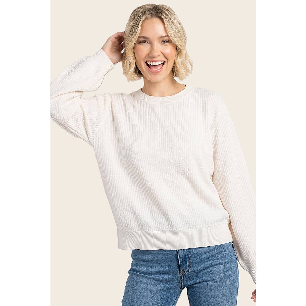 VERTICALLY TEXTURED BALLOON SLEEVE SWEATER