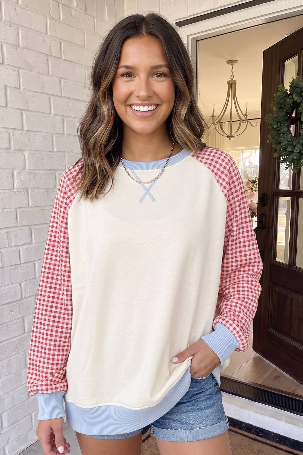 LAS Plaid Colorblock Raglan Casual Shift Sweatshirt (S-XL)