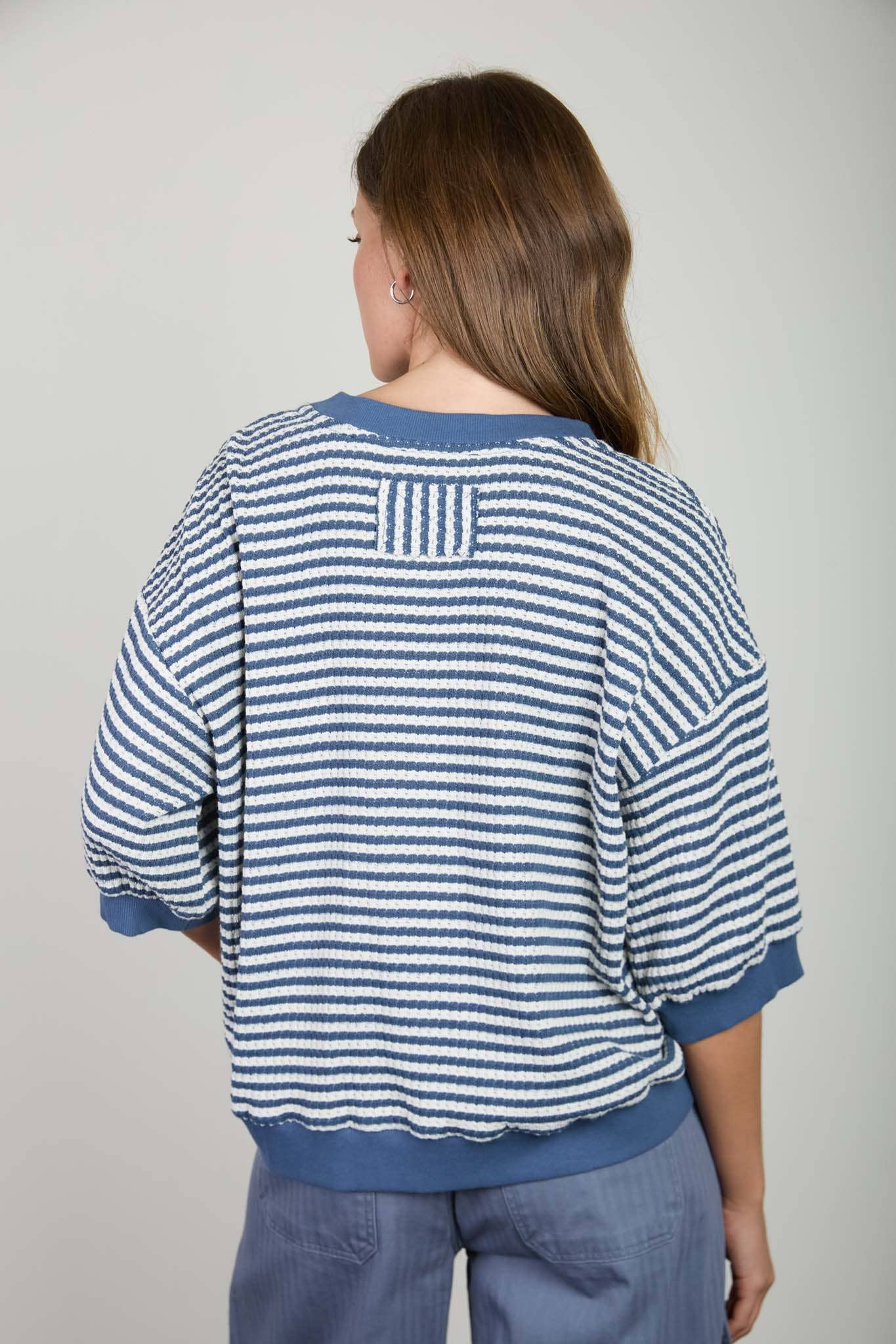 TEXTURED STRIPE DROP SHOULDER KNIT TOP