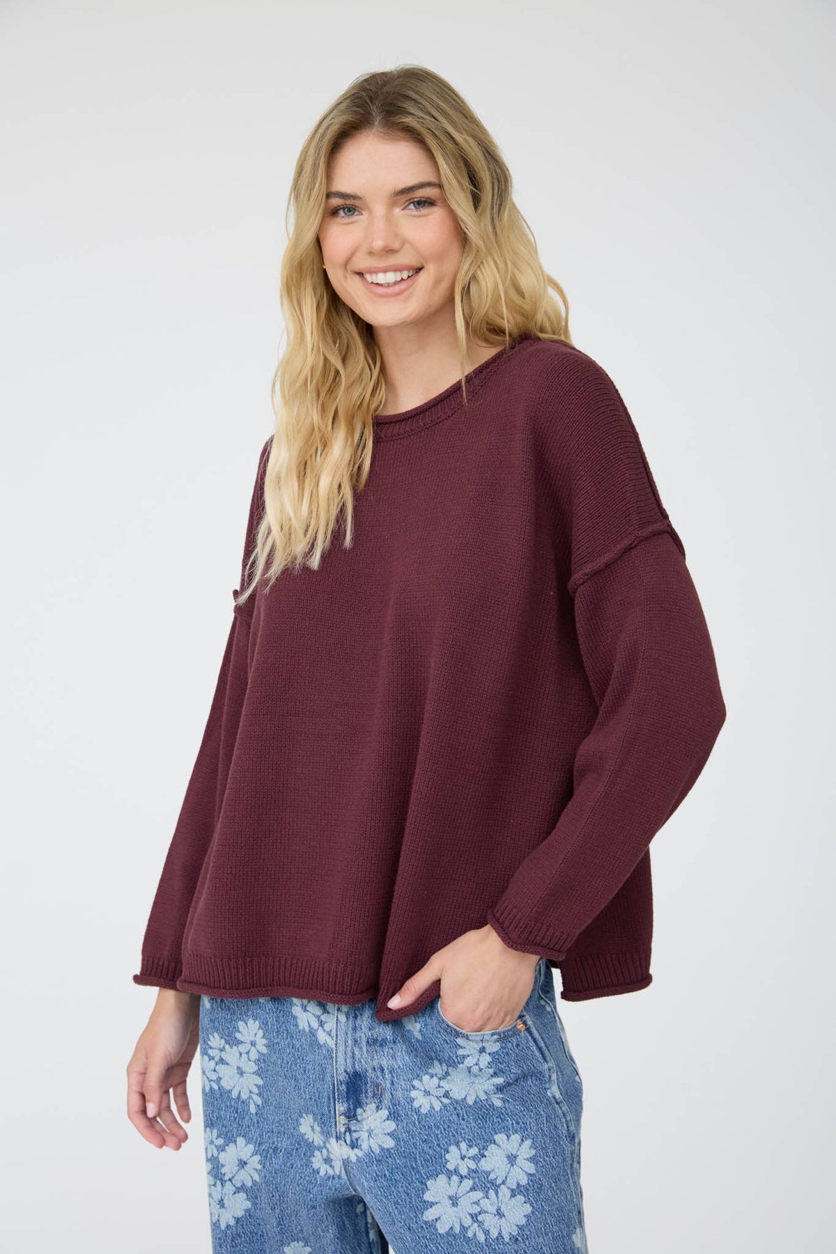 RAW EDGE EXTENDED SHOULDER LONG SLEEVE SWEATER