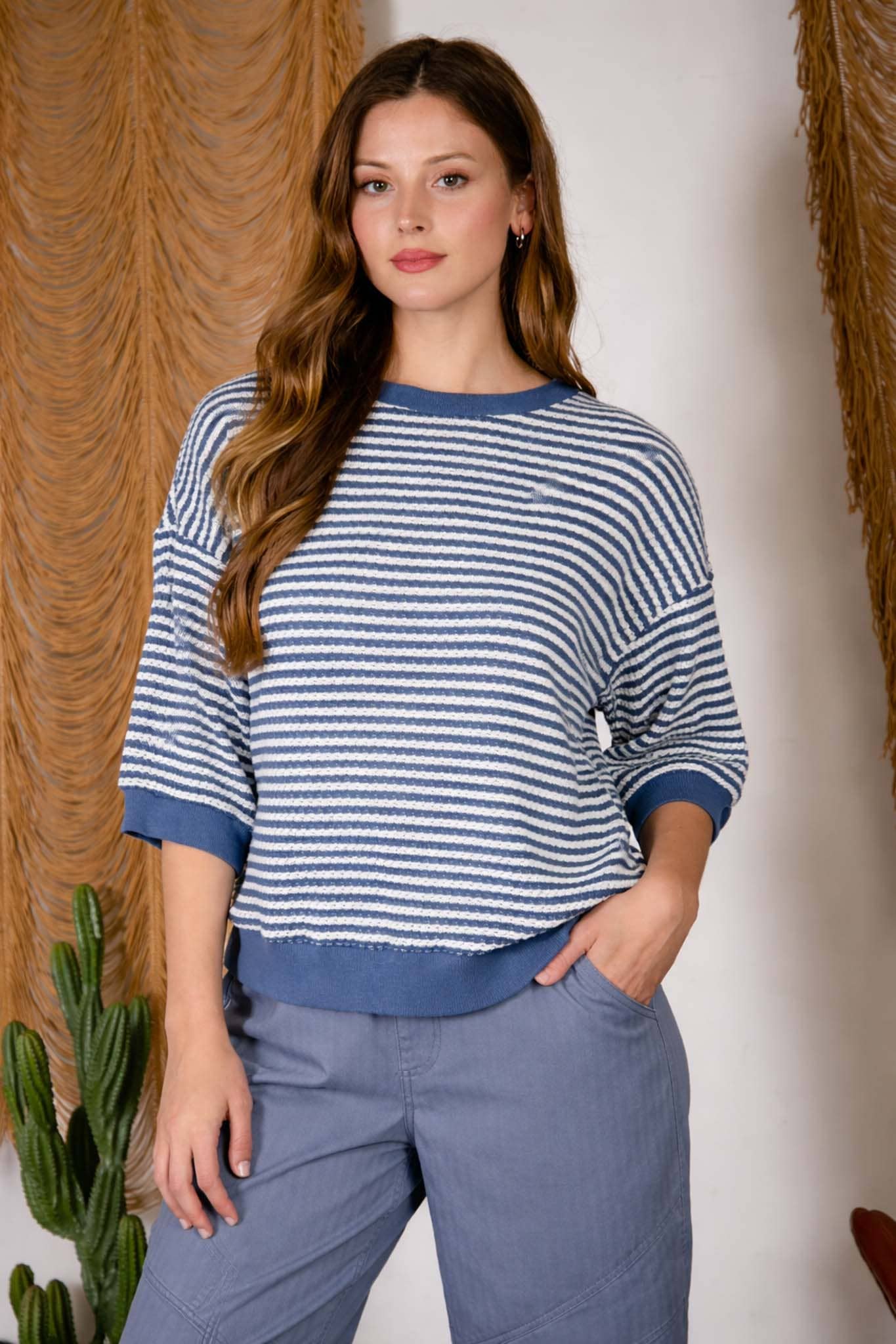 TEXTURED STRIPE DROP SHOULDER KNIT TOP