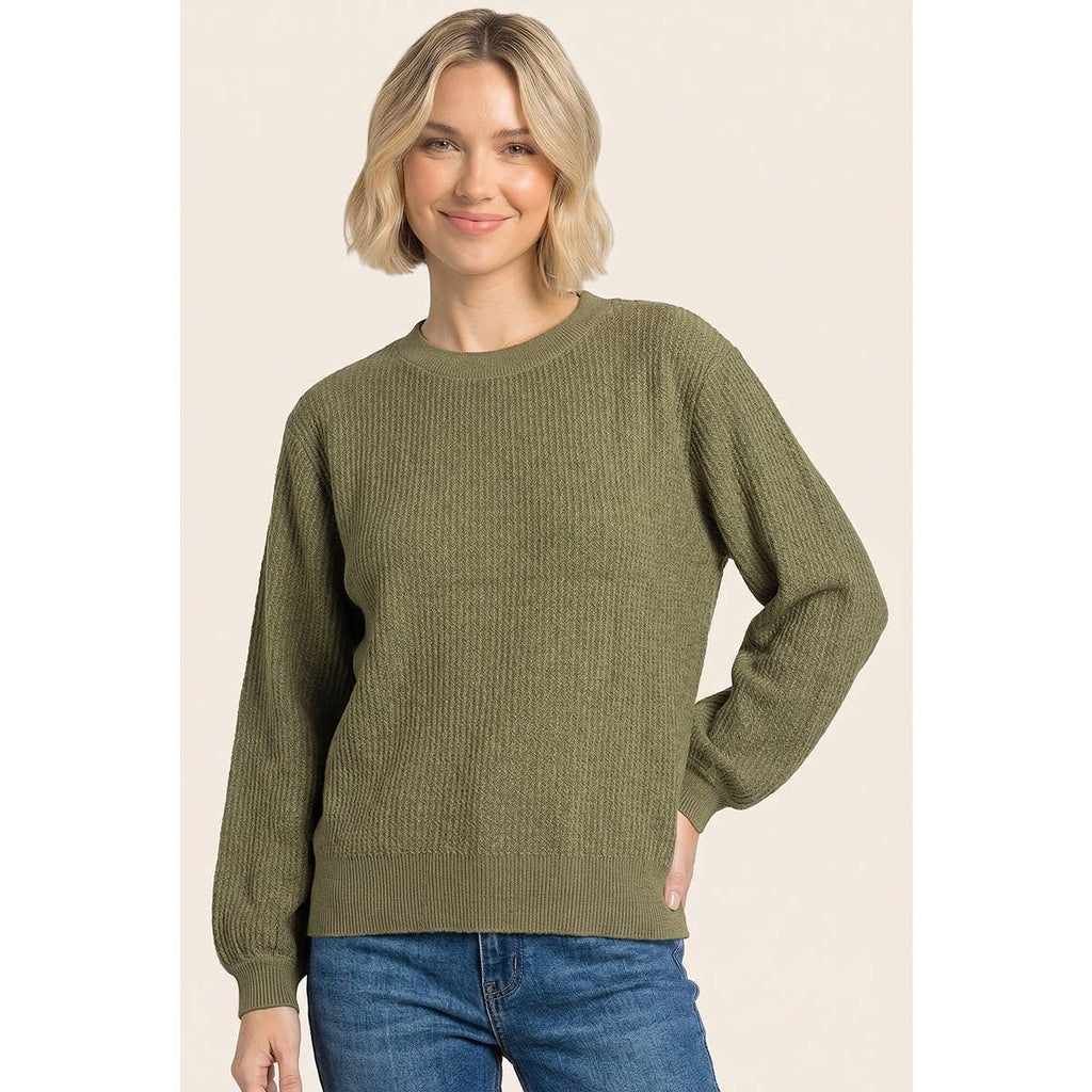 VERTICALLY TEXTURED BALLOON SLEEVE SWEATER