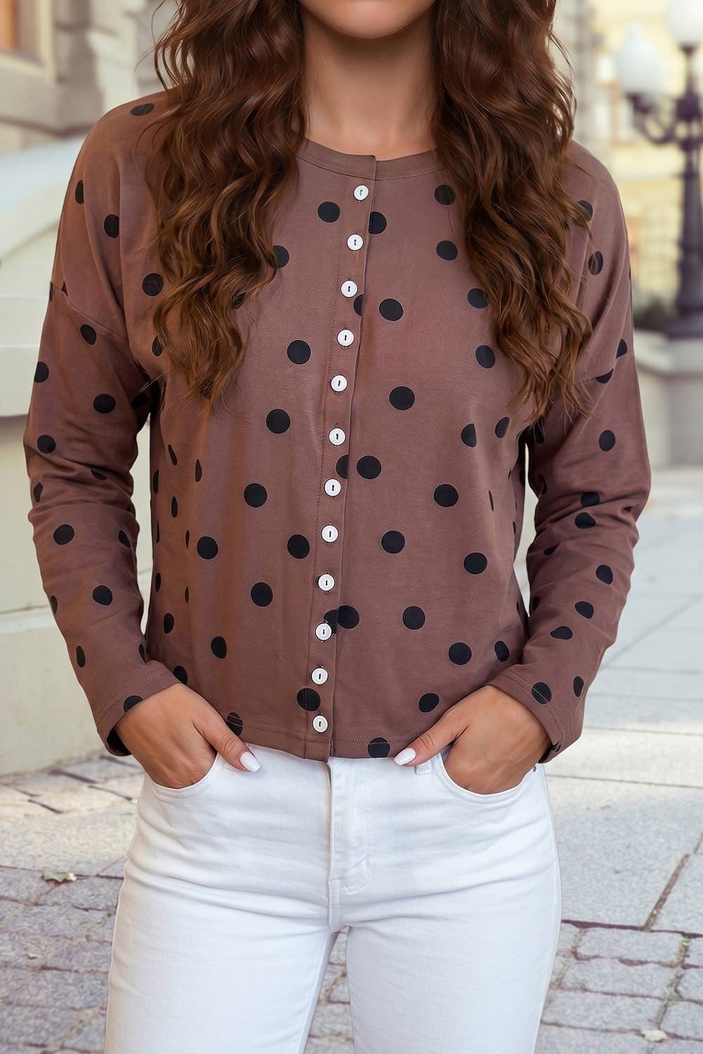 Polka Dot Long Sleeve Button Front Casual Shift Top