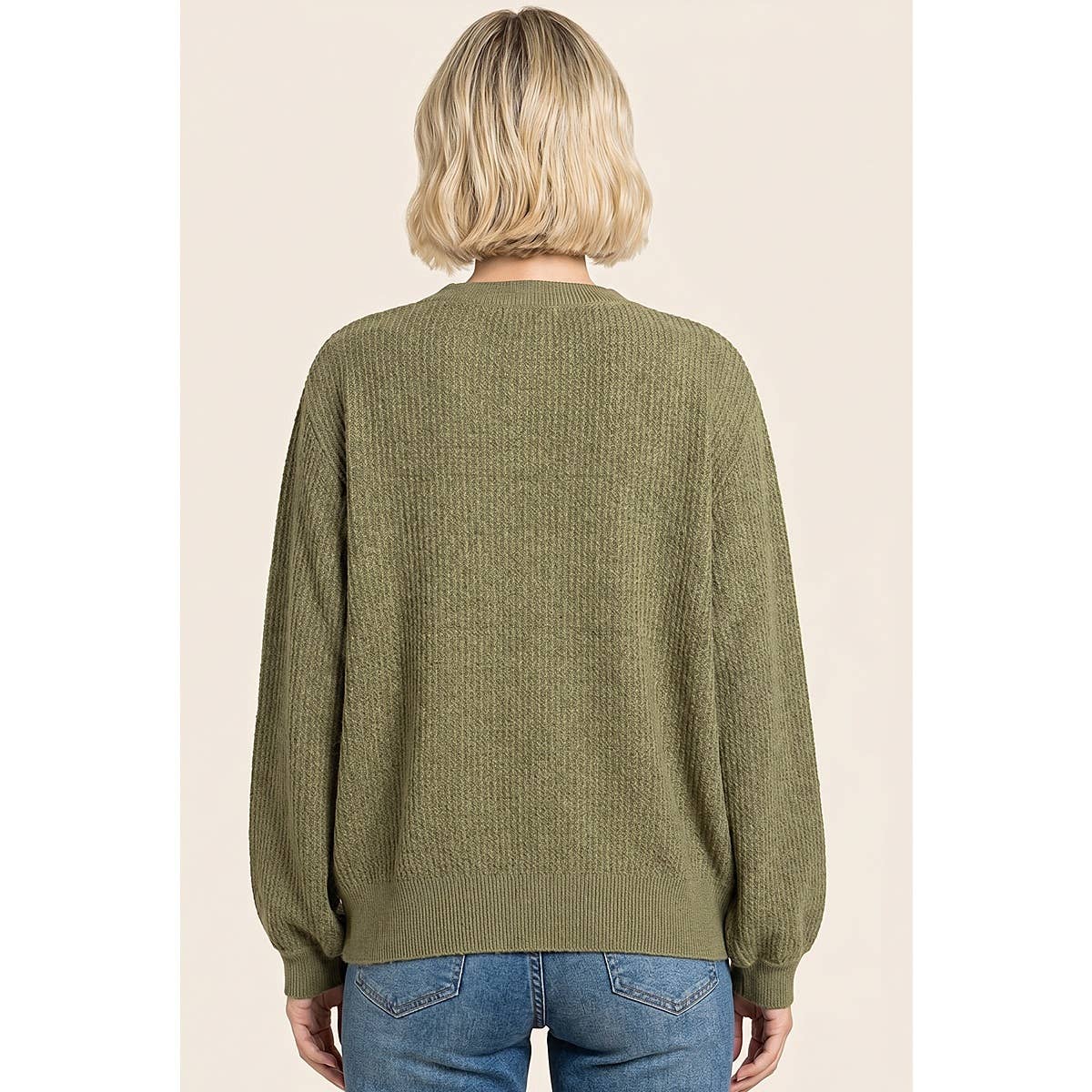 VERTICALLY TEXTURED BALLOON SLEEVE SWEATER