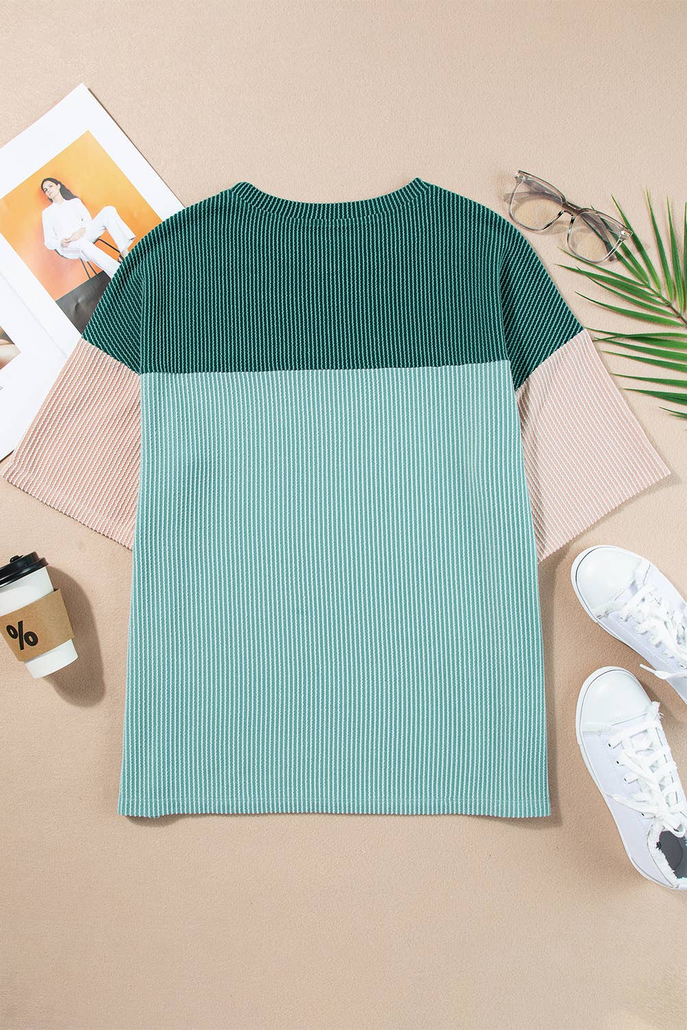 Color Block Ribbed Half Sleeve Top