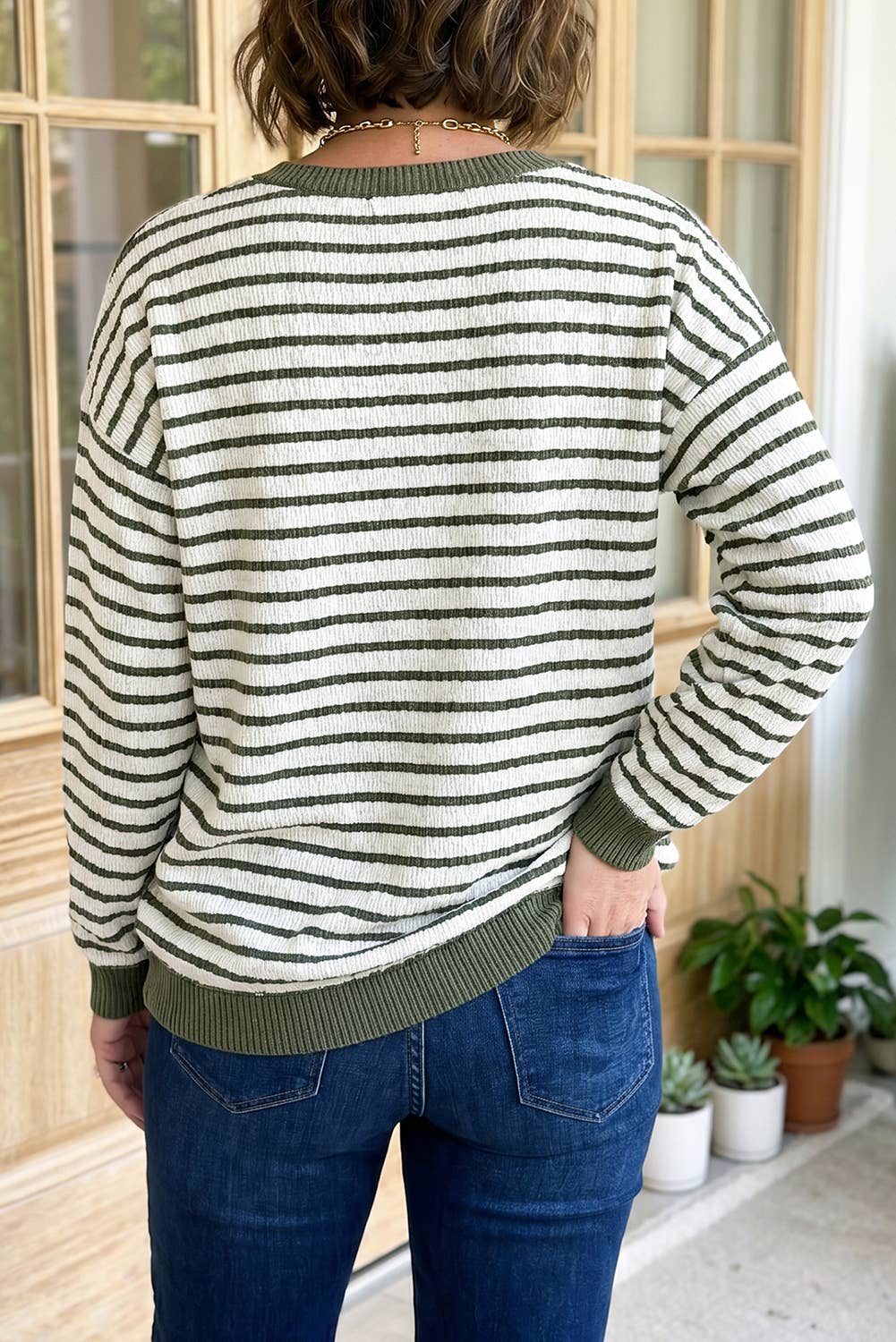 66 Striped Patchwork Long Sleeve Pullover Blouse (S-XL)