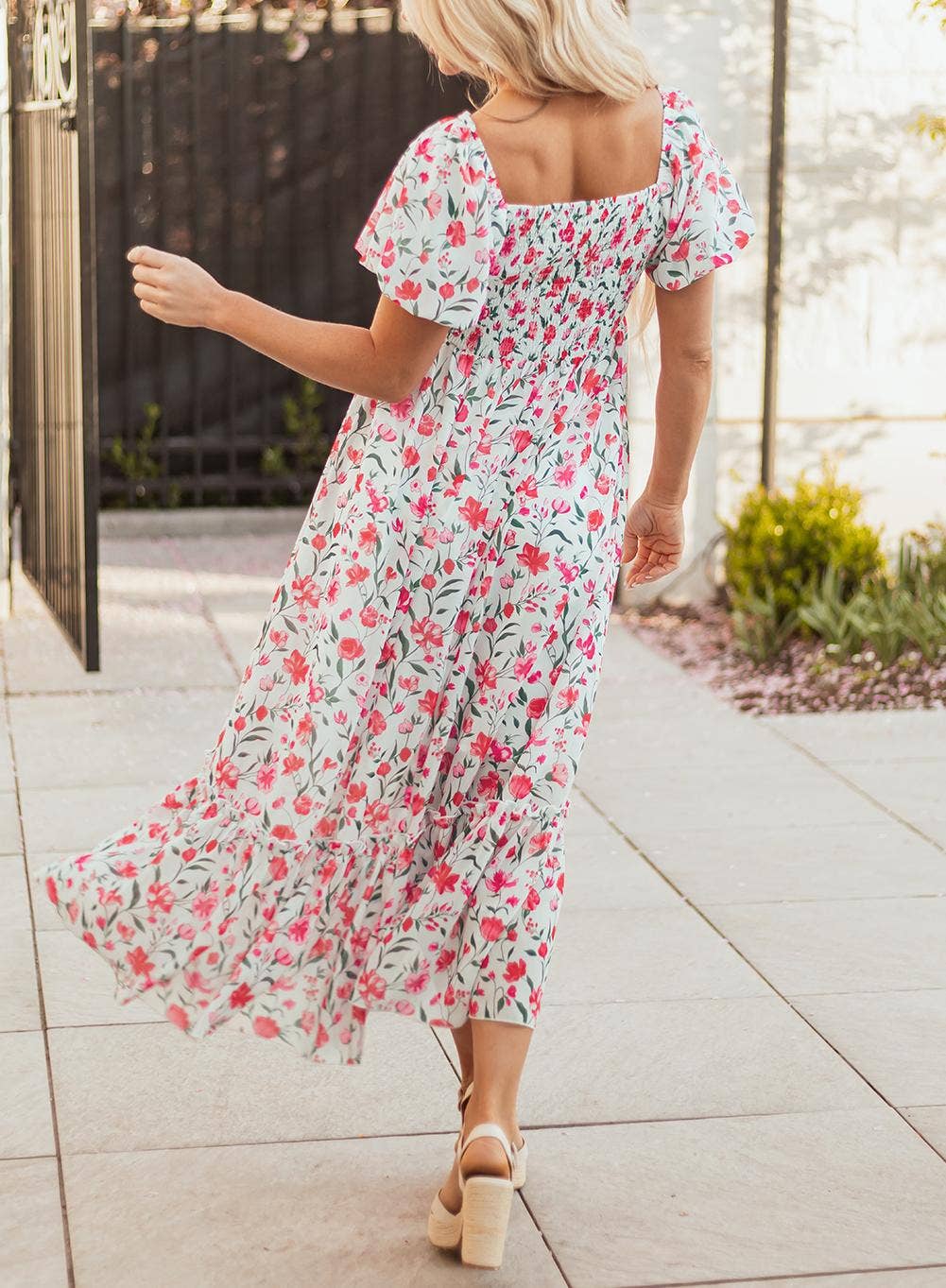 Floral Puff Sleeve Square Neck Empire Waist Tiered Maxi Dres