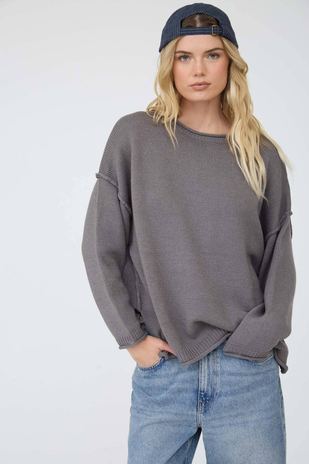 RAW EDGE EXTENDED SHOULDER LONG SLEEVE SWEATER