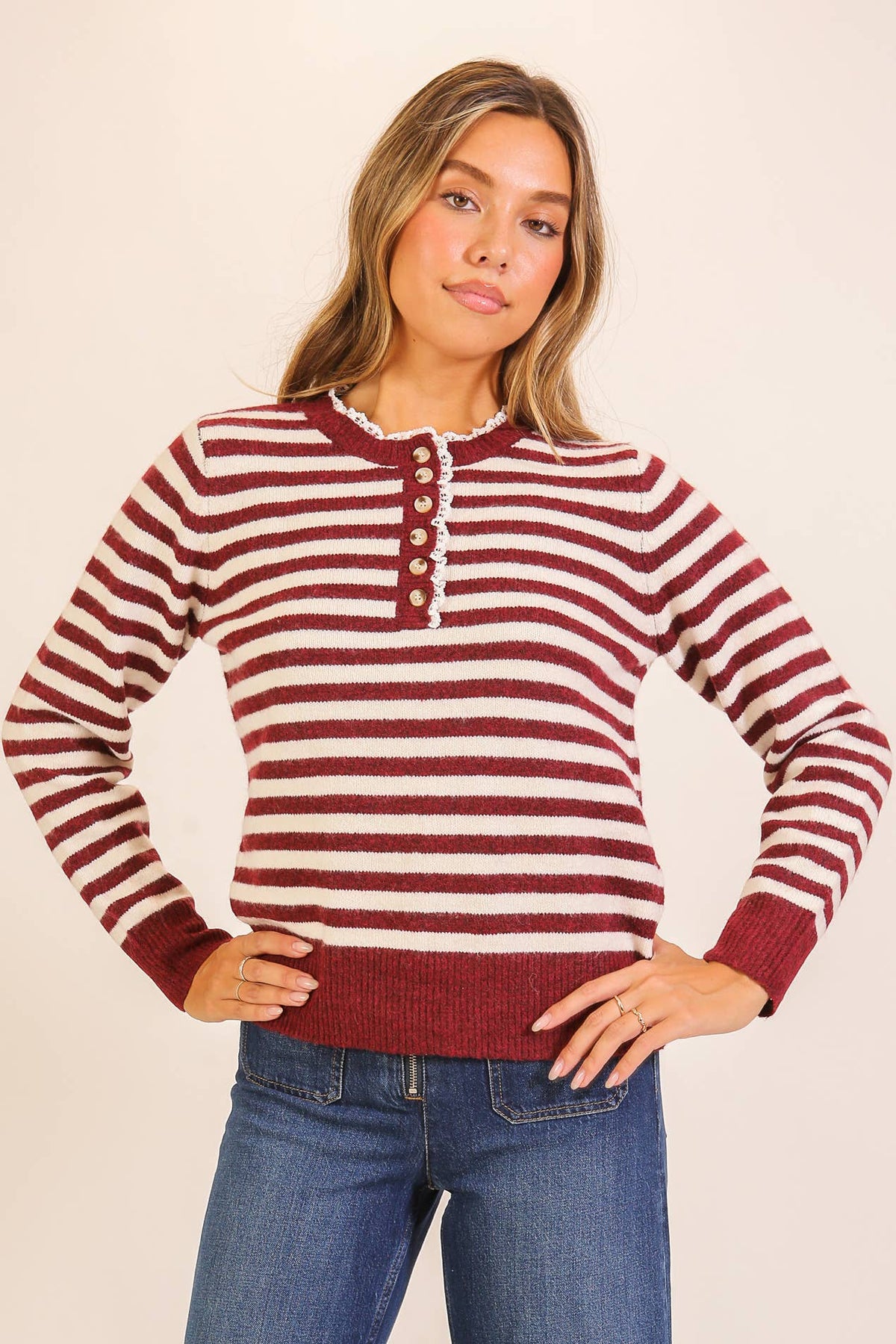Sweet Stripe Henley Knit Sweater