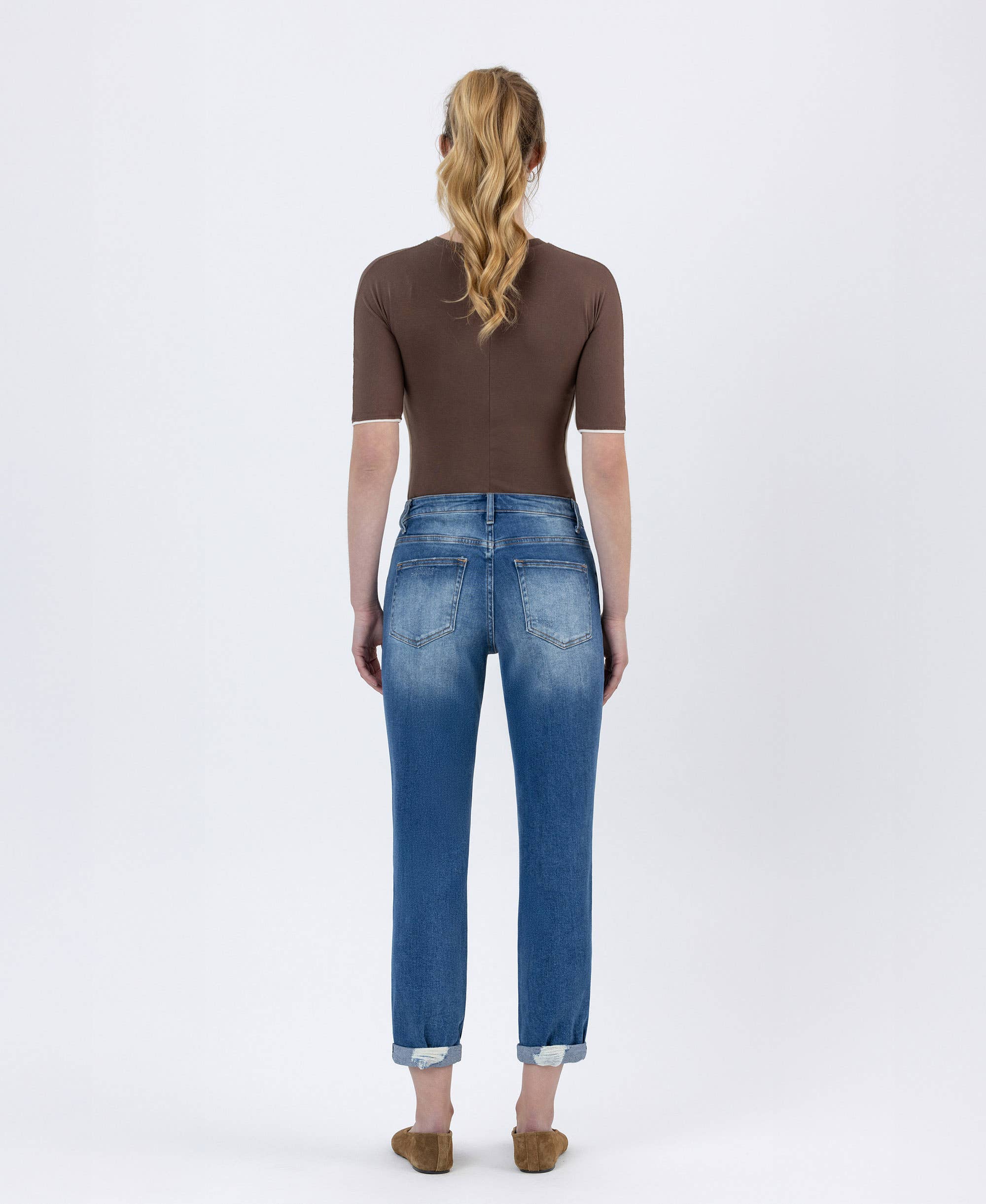 High Rise Distressed Cuffed Boyfriend Jean