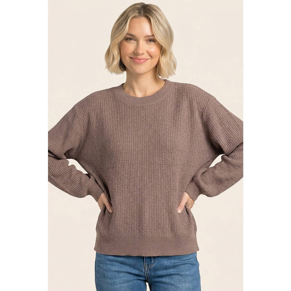 VERTICALLY TEXTURED BALLOON SLEEVE SWEATER