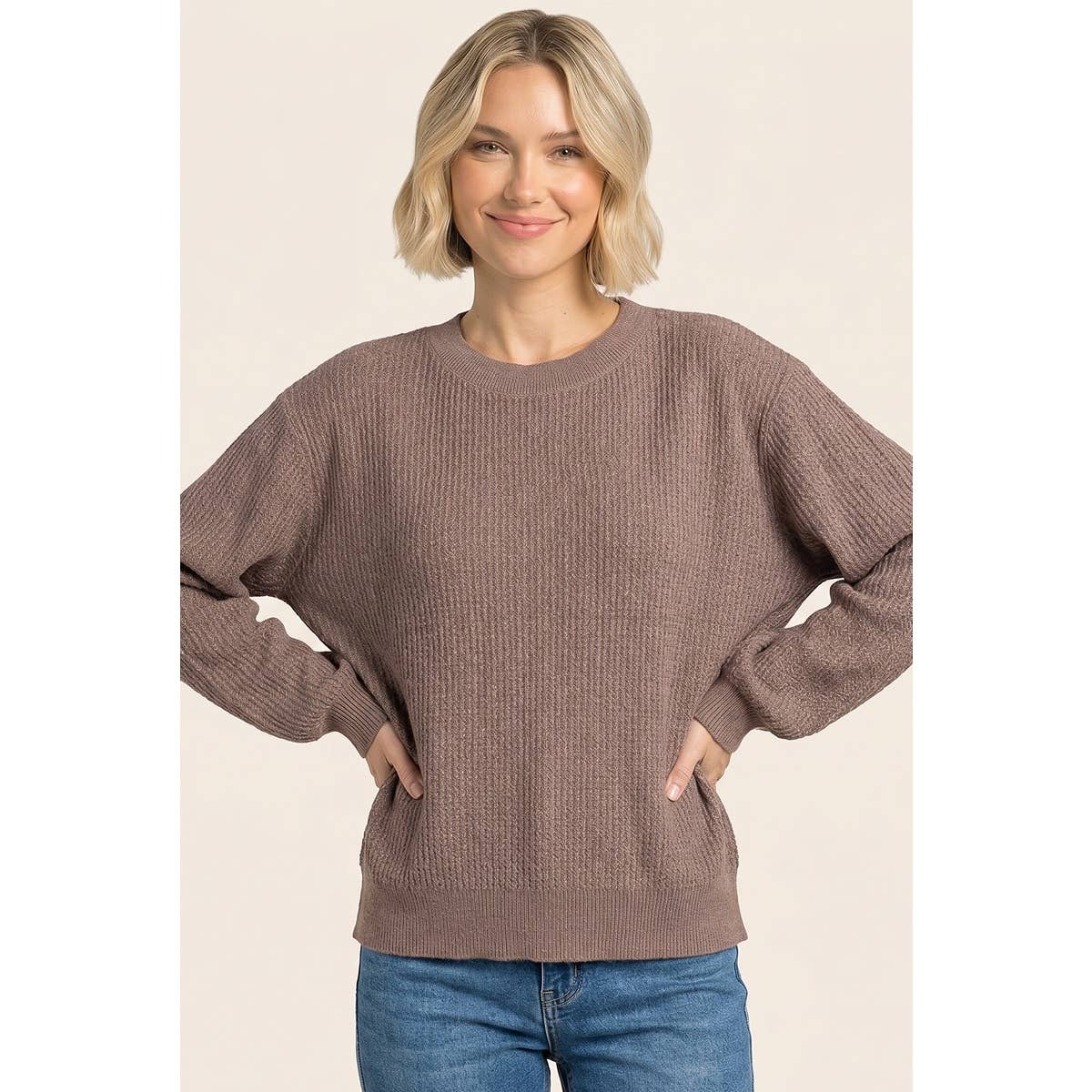 VERTICALLY TEXTURED BALLOON SLEEVE SWEATER