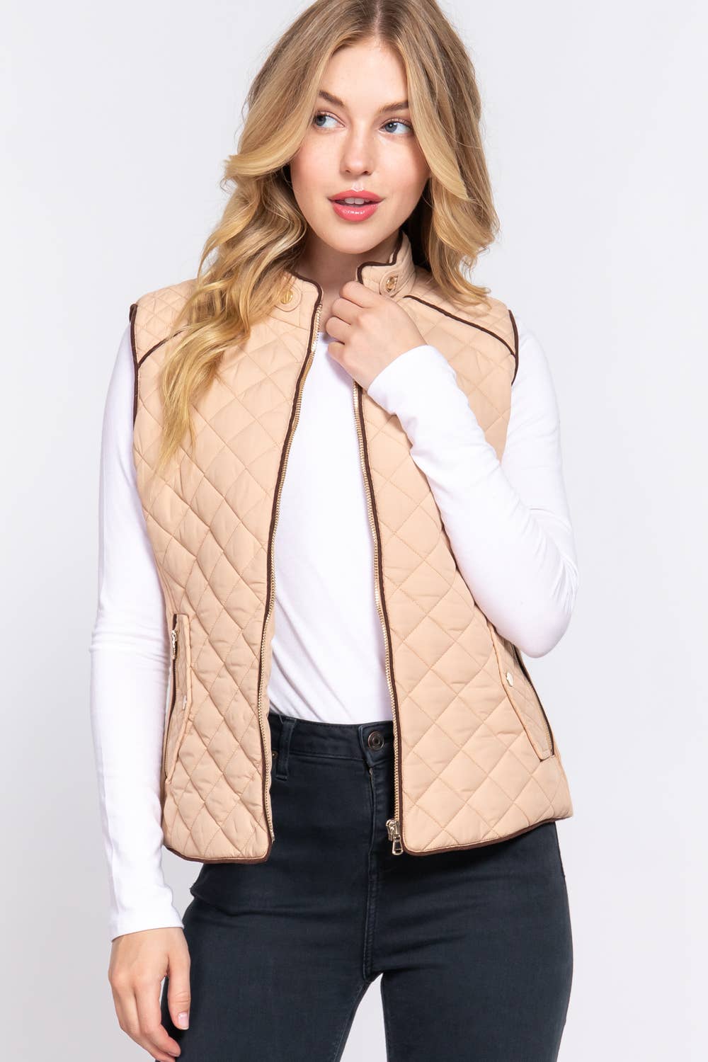 SUEDE PIPING QUILTED PADDING VEST