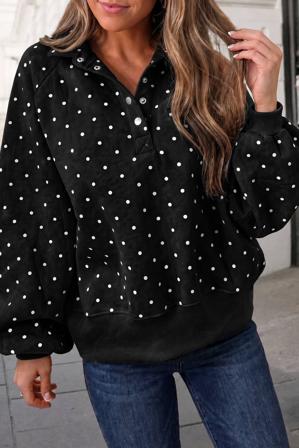 Polka Dot Print Button Collar Mockneck Sweatshirt | S-XL