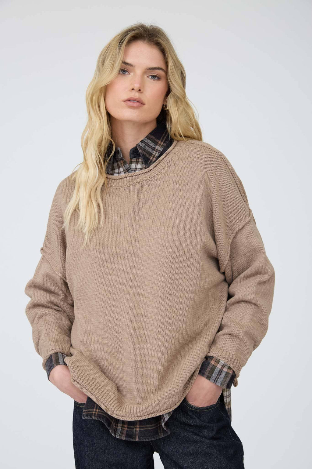 RAW EDGE EXTENDED SHOULDER LONG SLEEVE SWEATER