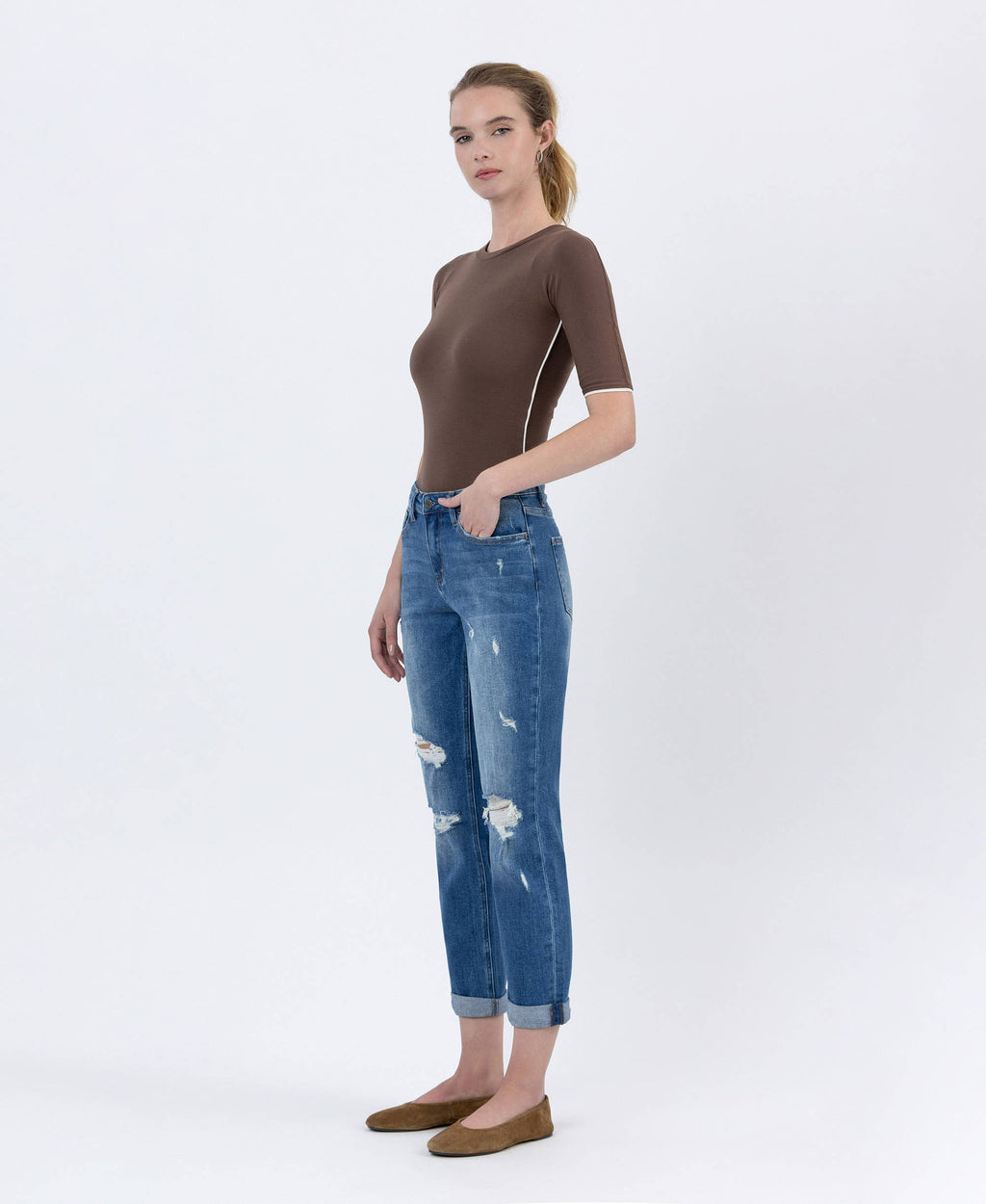 High Rise Distressed Cuffed Boyfriend Jean