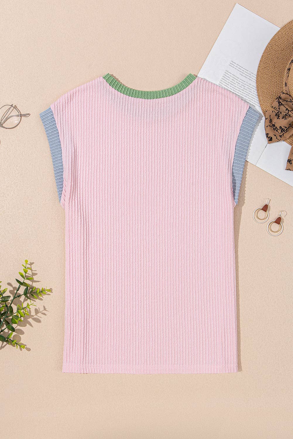 Colorblock Corded Knit Crew Neck Tee