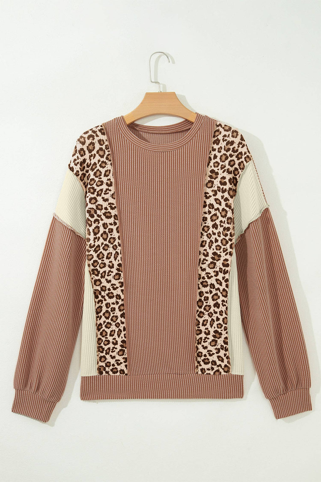 66 Leopard Print Colorblock Ribbed Knit Blouse (S-XL)