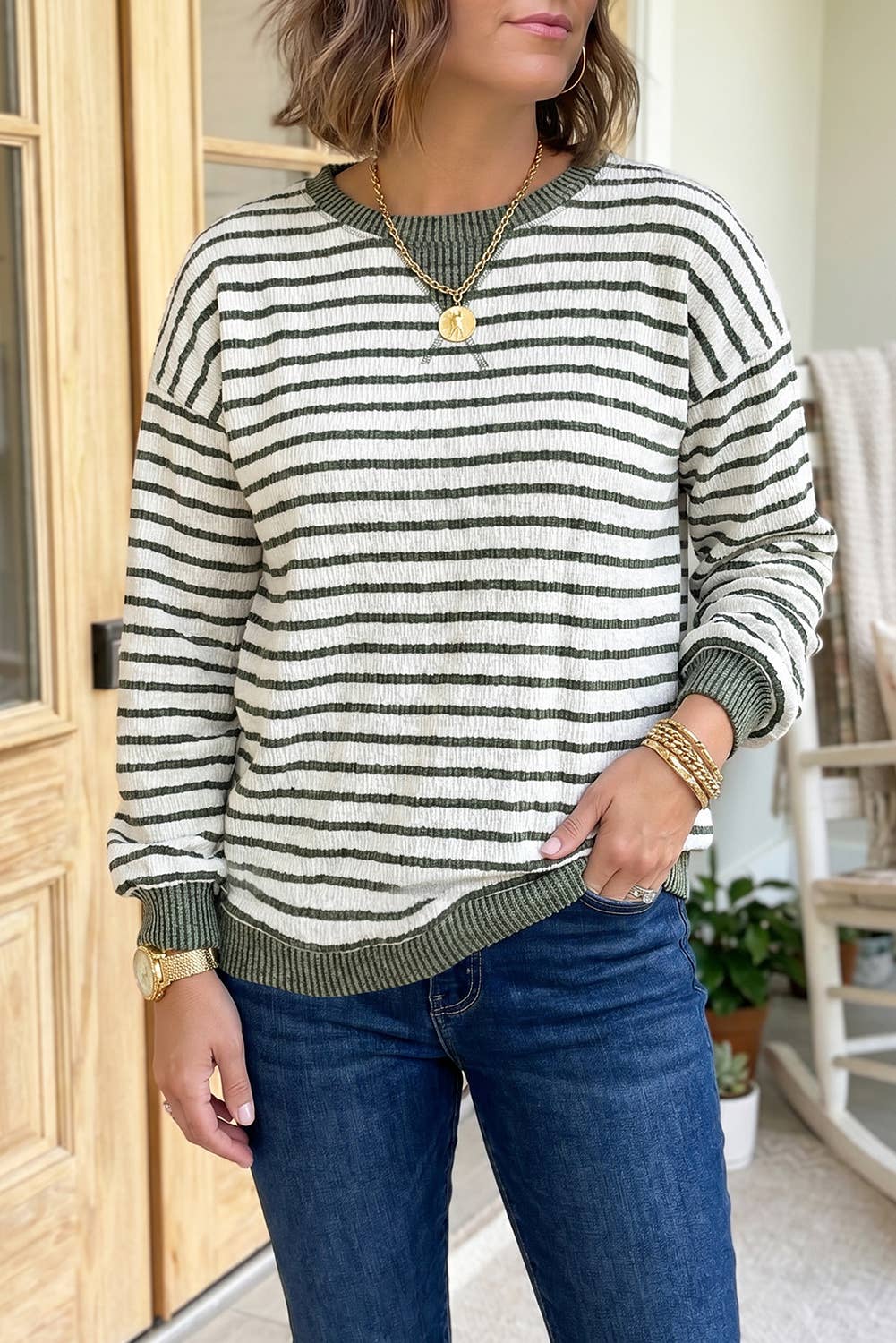 66 Striped Patchwork Long Sleeve Pullover Blouse (S-XL)