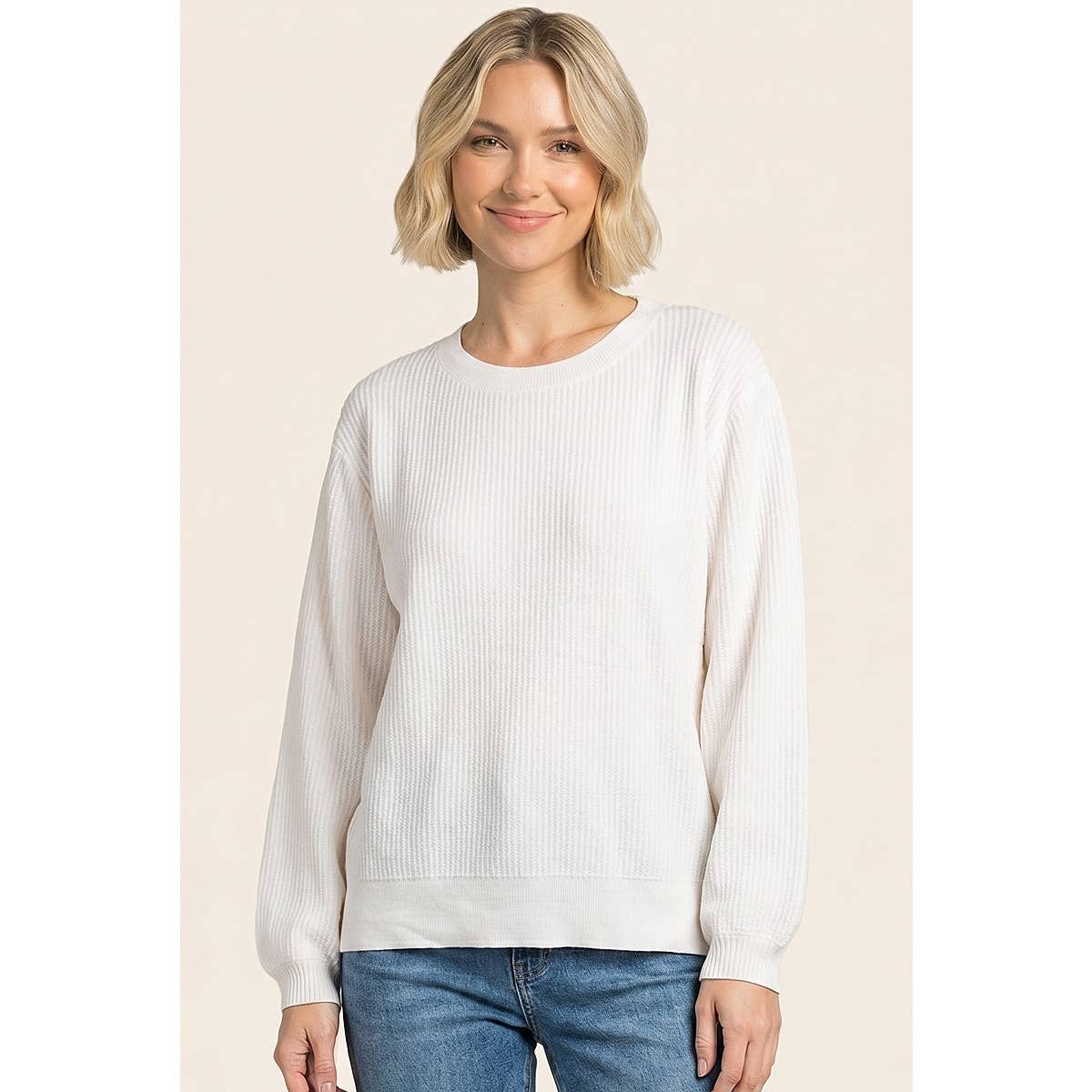 VERTICALLY TEXTURED BALLOON SLEEVE SWEATER