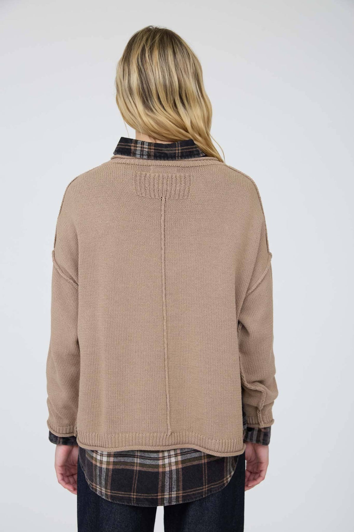 RAW EDGE EXTENDED SHOULDER LONG SLEEVE SWEATER