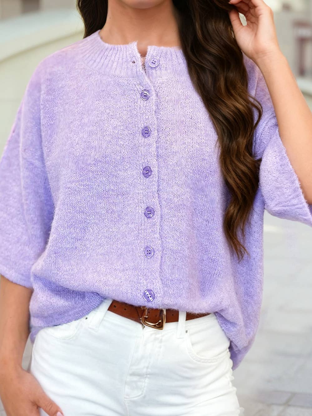 3/4 Sleeve Boxy Knit Button Down Sweater Cardigan