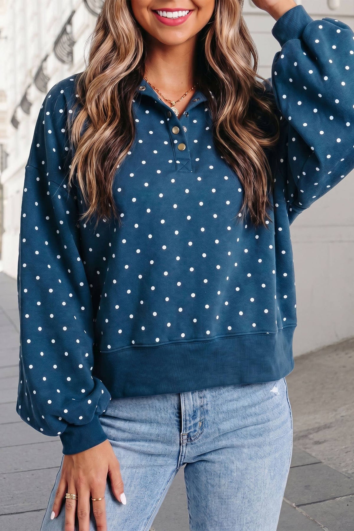 Polka Dot Print Button Collar Mockneck Sweatshirt | S-XL