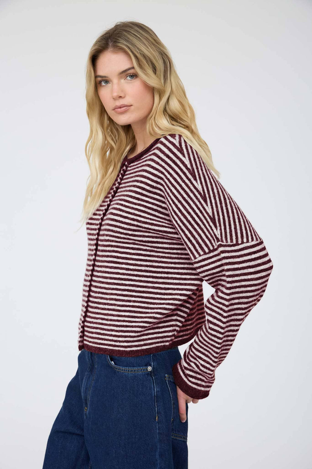 STRIPE RAW EDGE DROP SHOULDER KNIT CARDIGAN