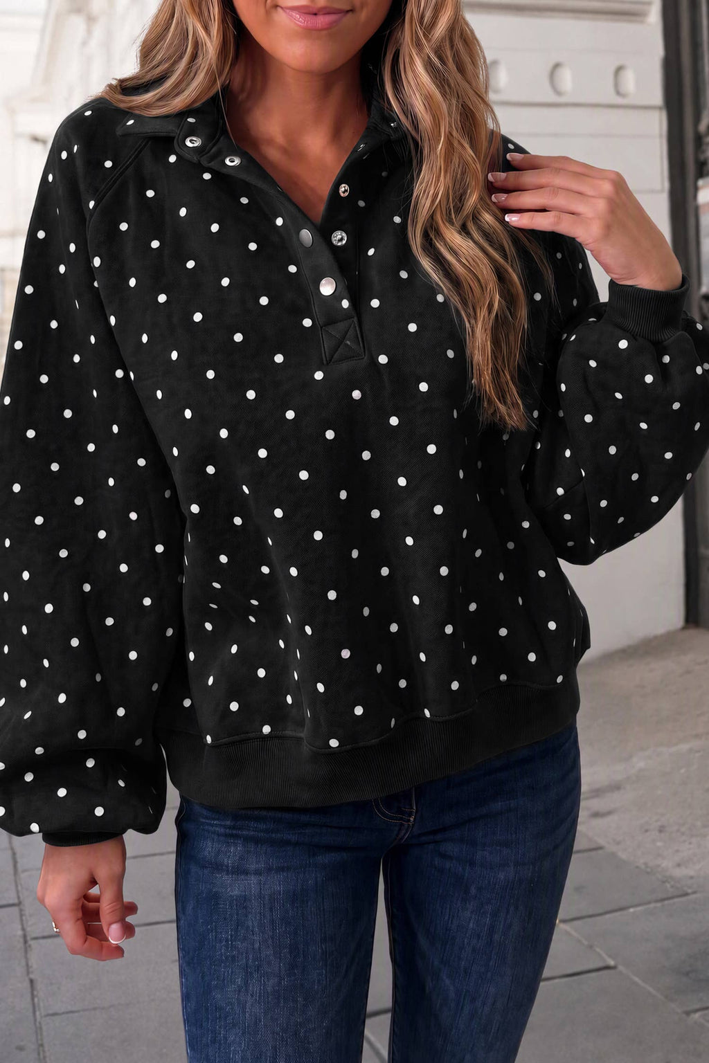Polka Dot Print Button Collar Mockneck Sweatshirt | S-XL