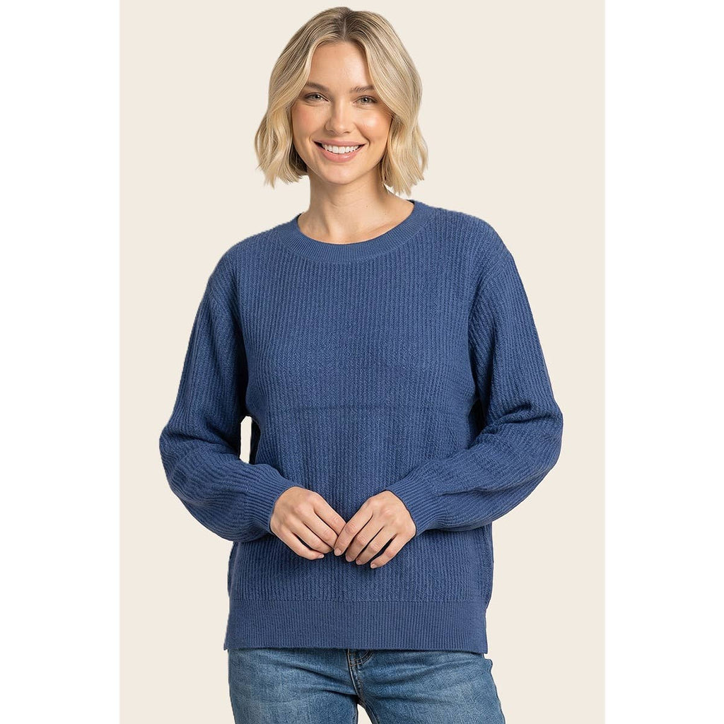 VERTICALLY TEXTURED BALLOON SLEEVE SWEATER