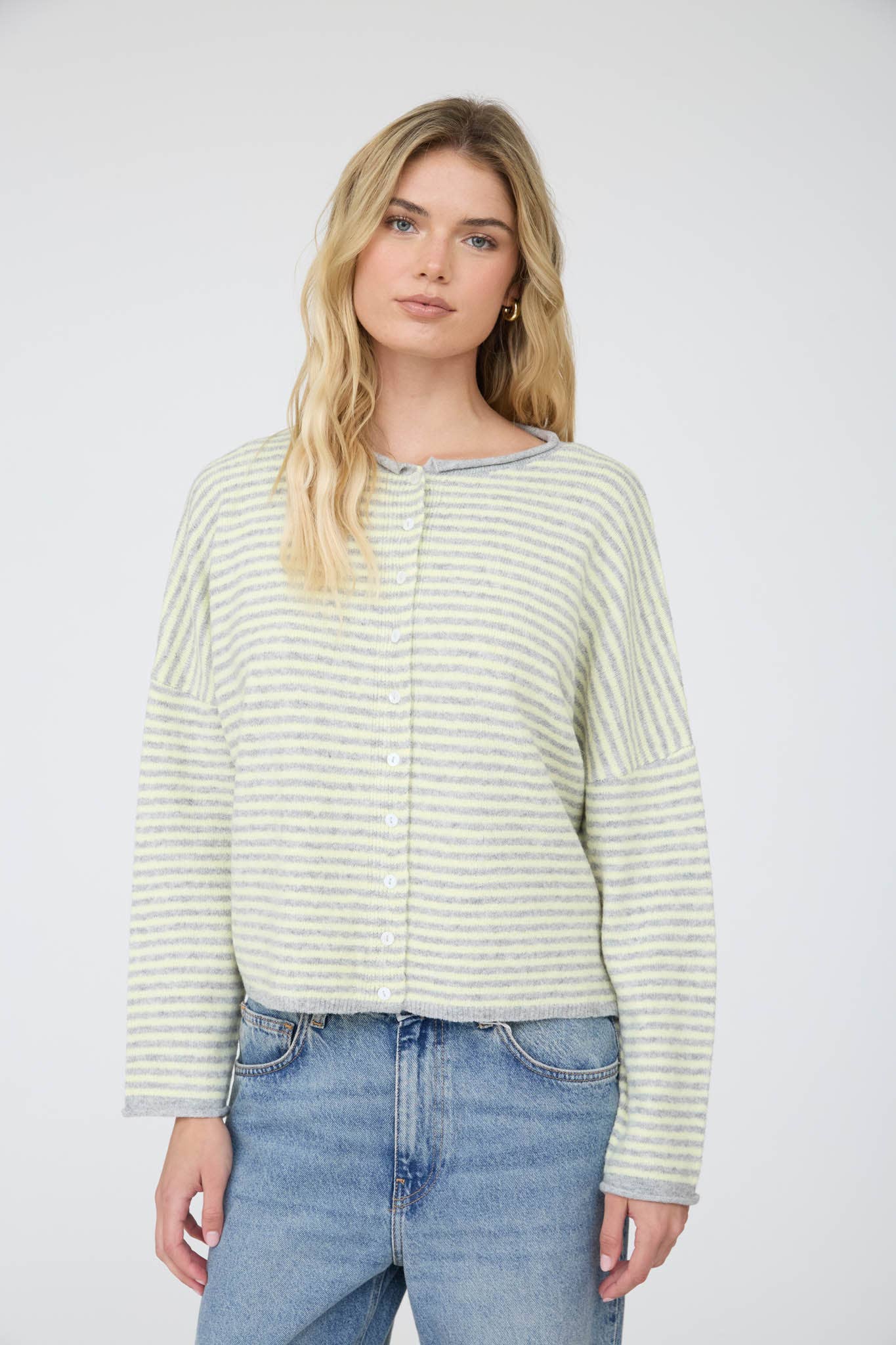 STRIPE RAW EDGE DROP SHOULDER KNIT CARDIGAN