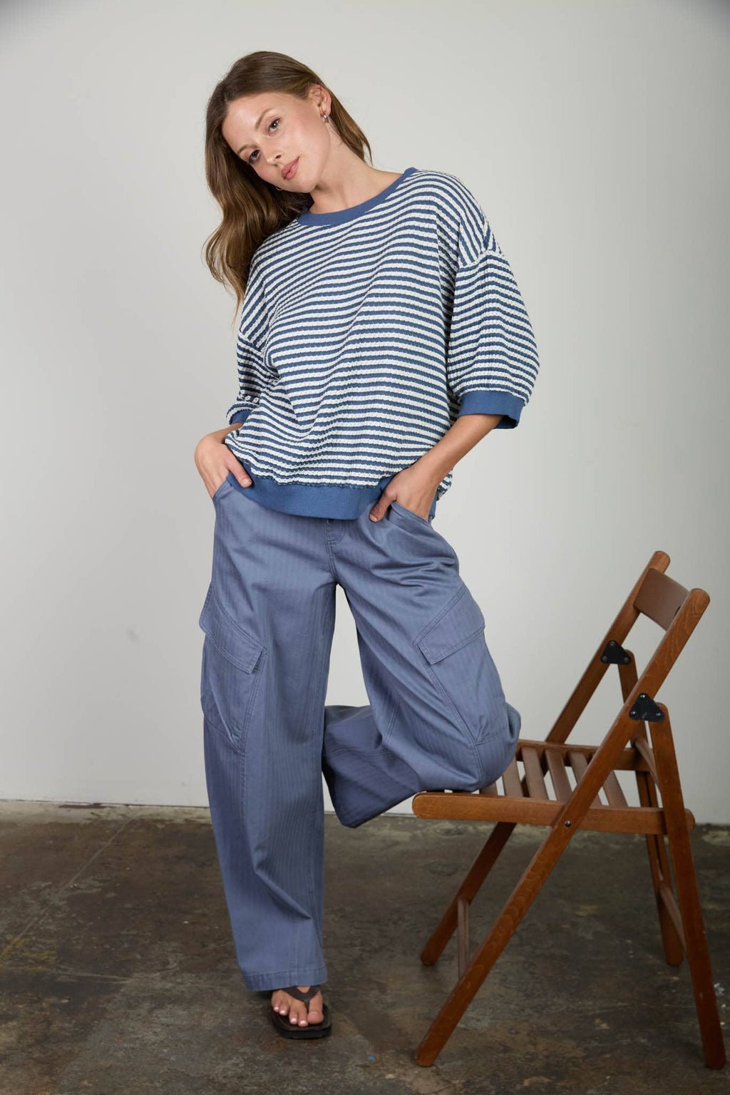 TEXTURED STRIPE DROP SHOULDER KNIT TOP