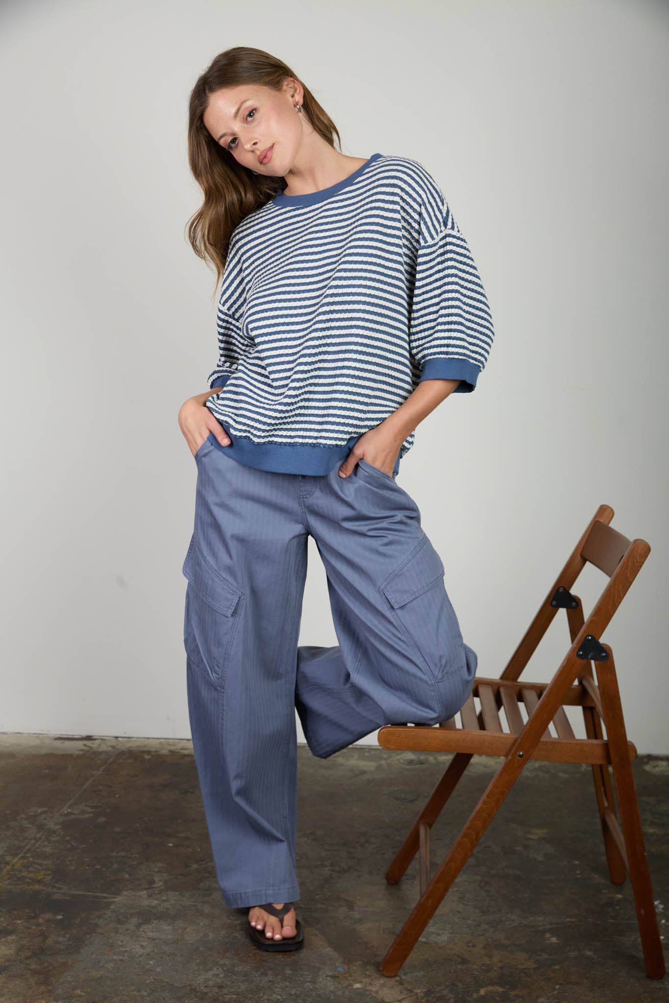 TEXTURED STRIPE DROP SHOULDER KNIT TOP