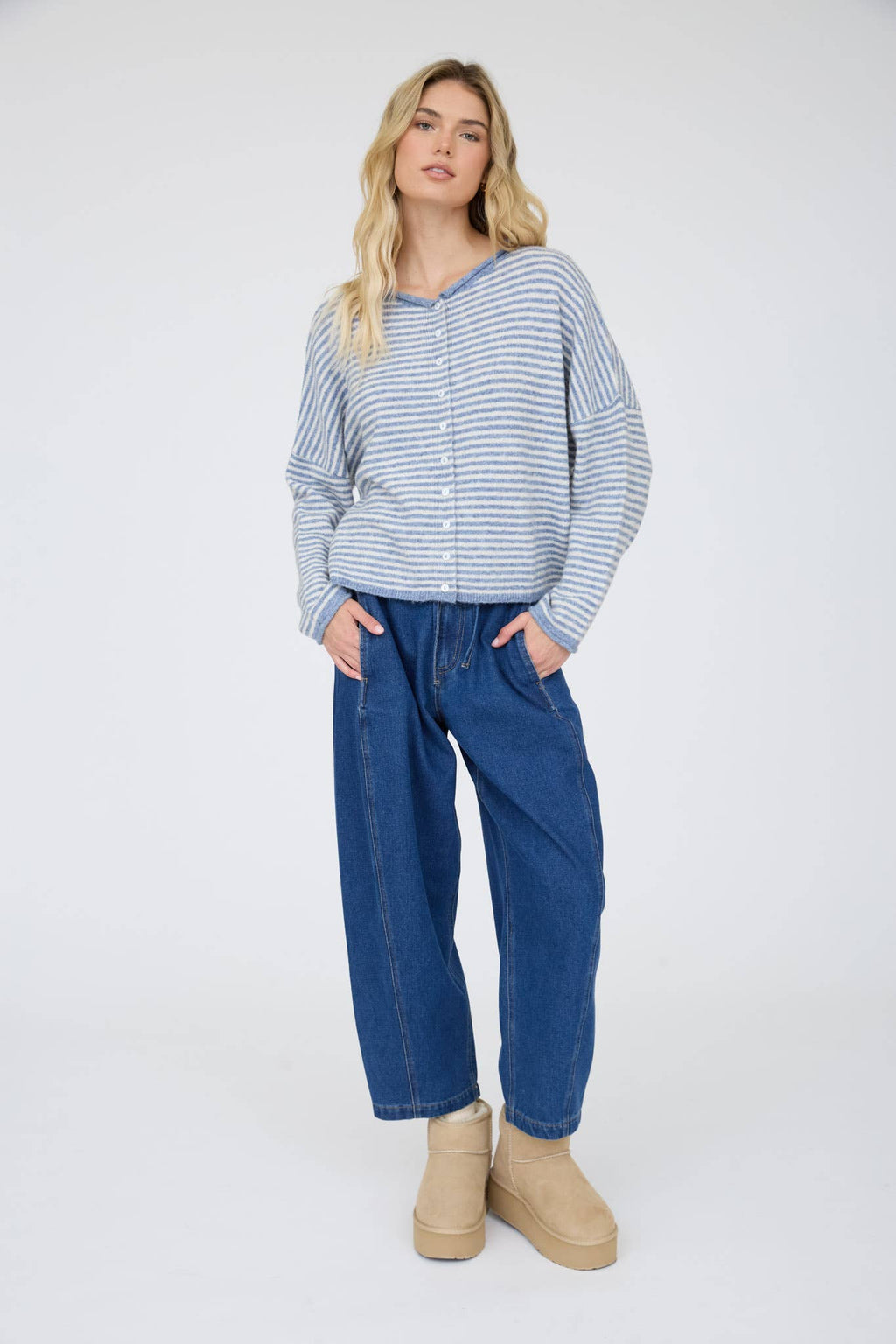 STRIPE RAW EDGE DROP SHOULDER KNIT CARDIGAN