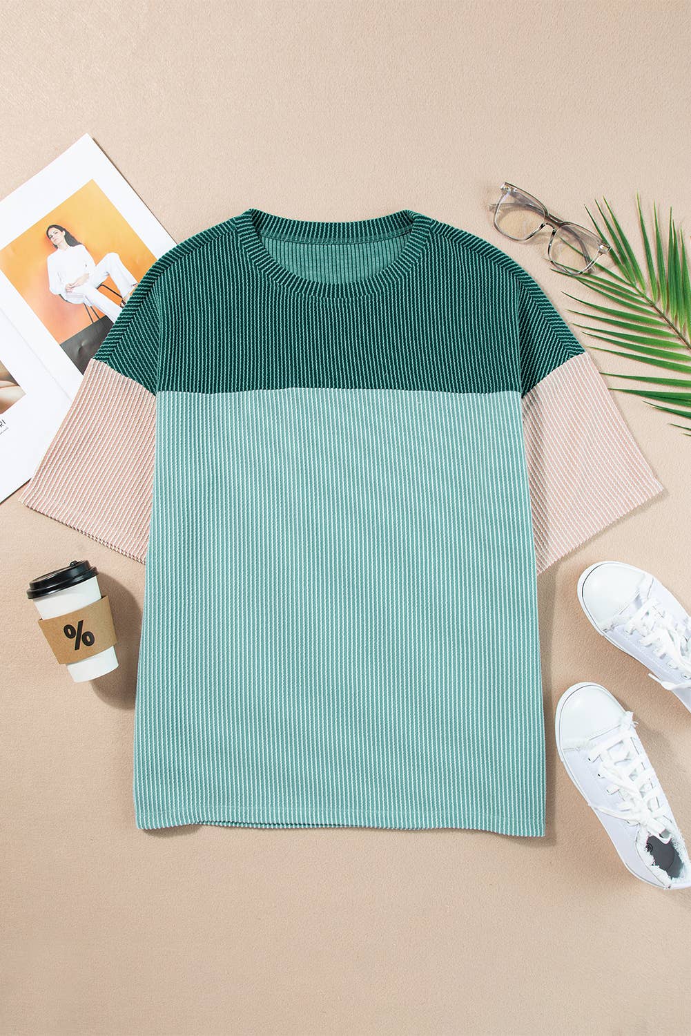 Color Block Ribbed Half Sleeve Top