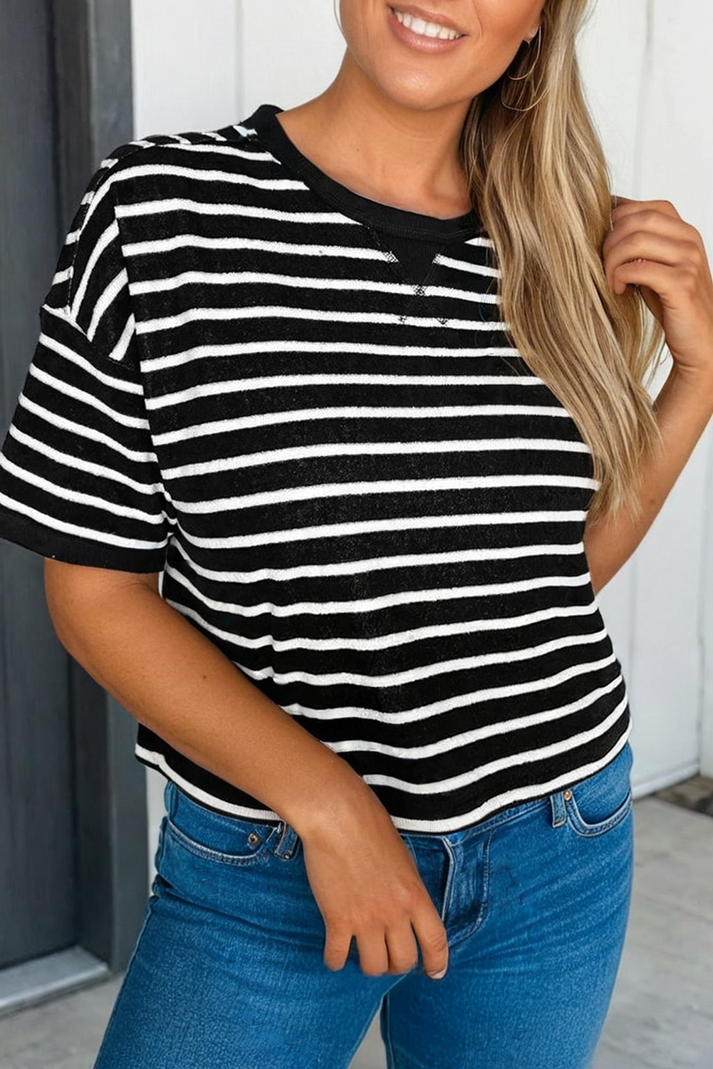 Stripe Ribbed Patchwork Seam Half Sleeve Tee