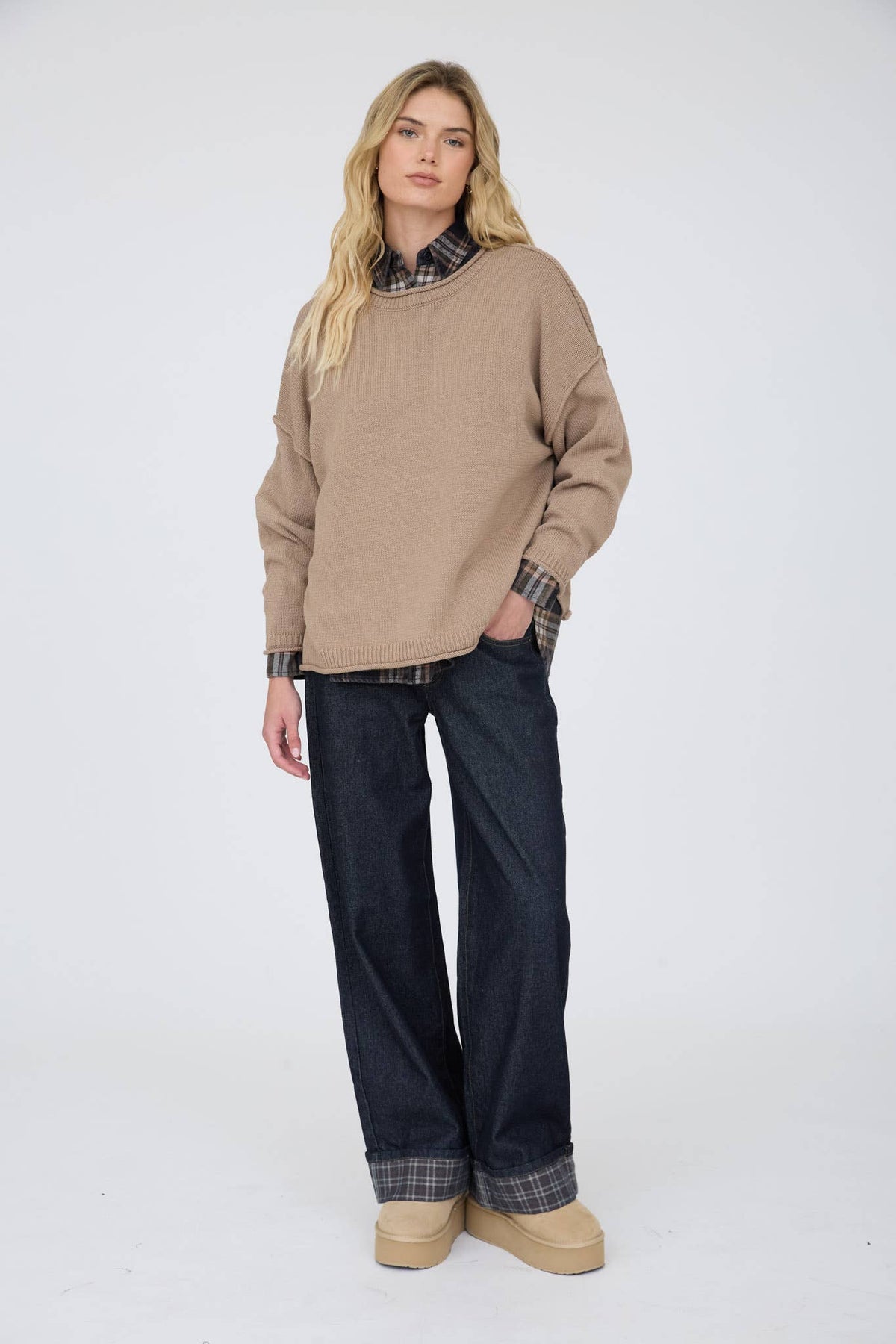 RAW EDGE EXTENDED SHOULDER LONG SLEEVE SWEATER