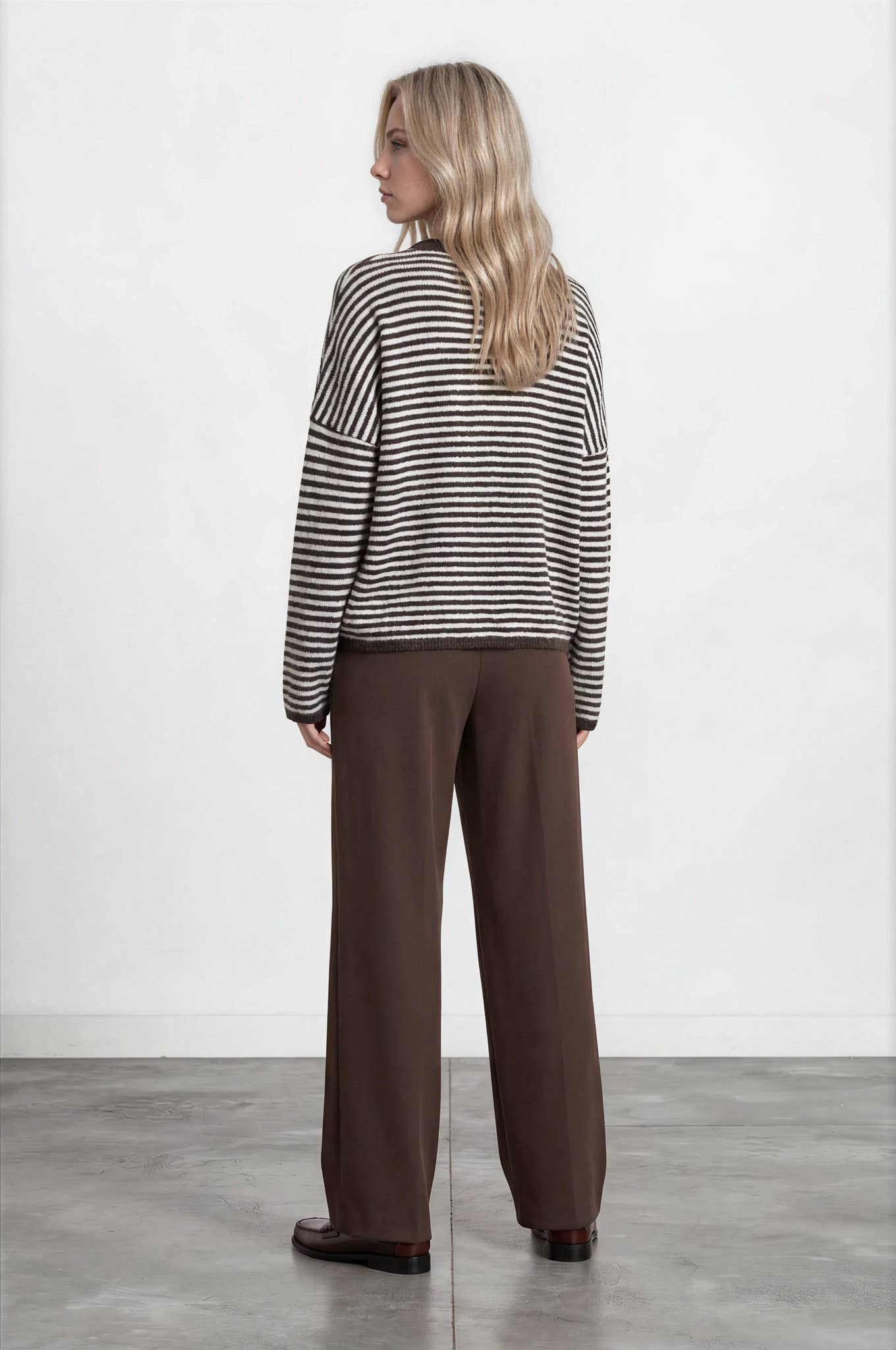 STRIPE RAW EDGE DROP SHOULDER KNIT CARDIGAN
