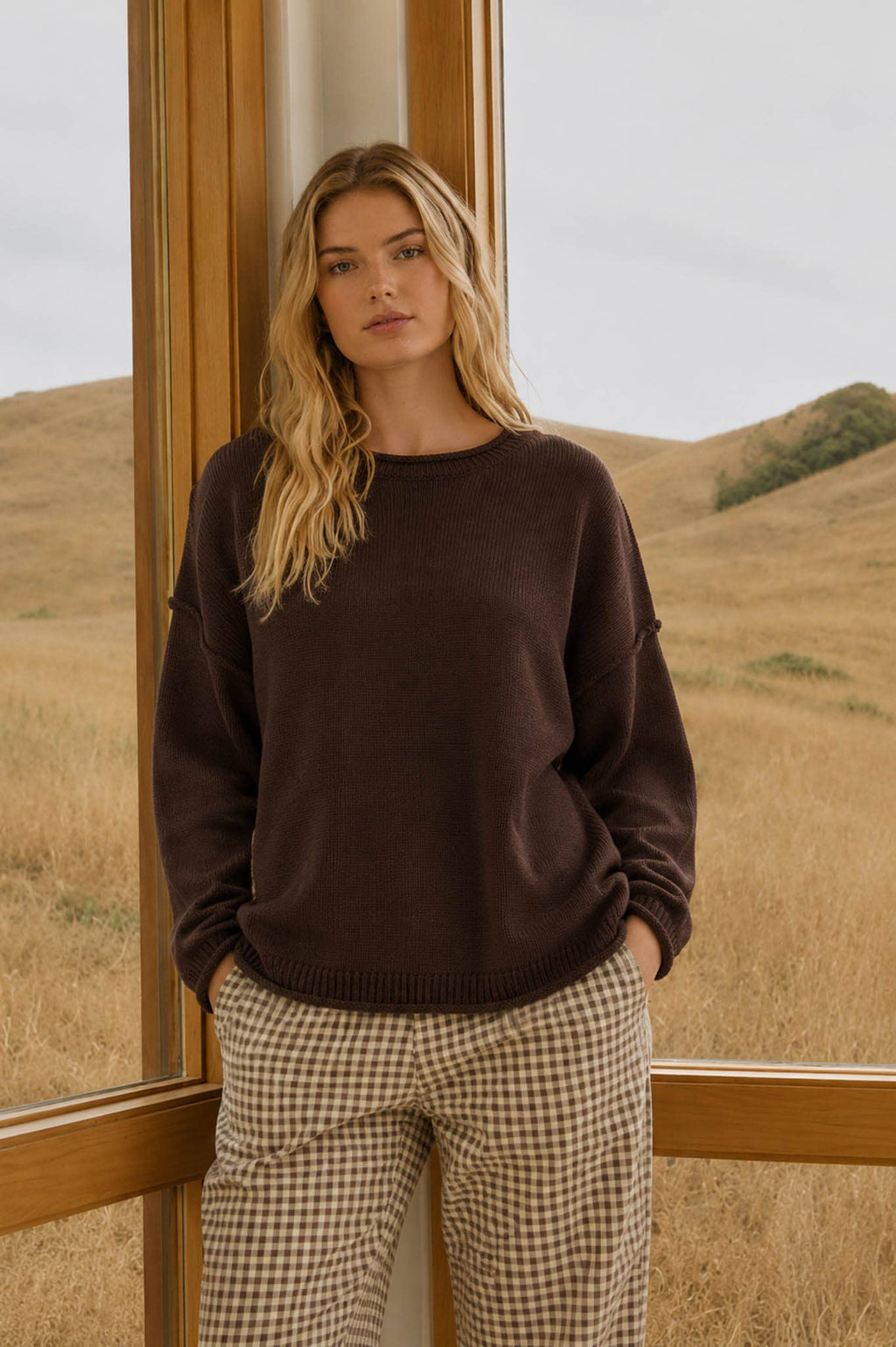 RAW EDGE EXTENDED SHOULDER LONG SLEEVE SWEATER