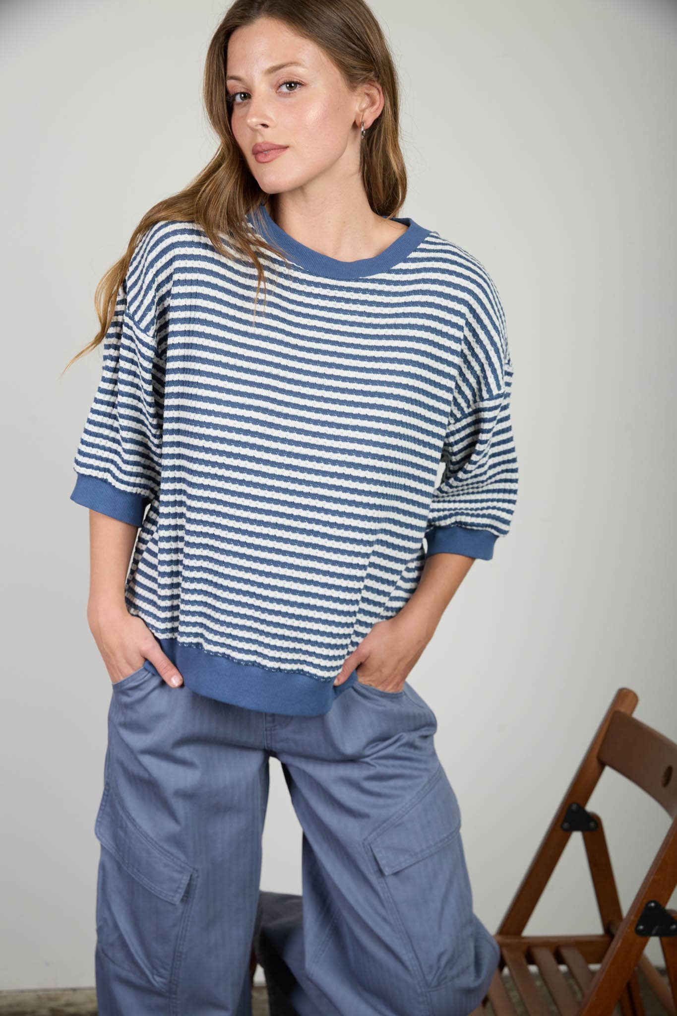 TEXTURED STRIPE DROP SHOULDER KNIT TOP