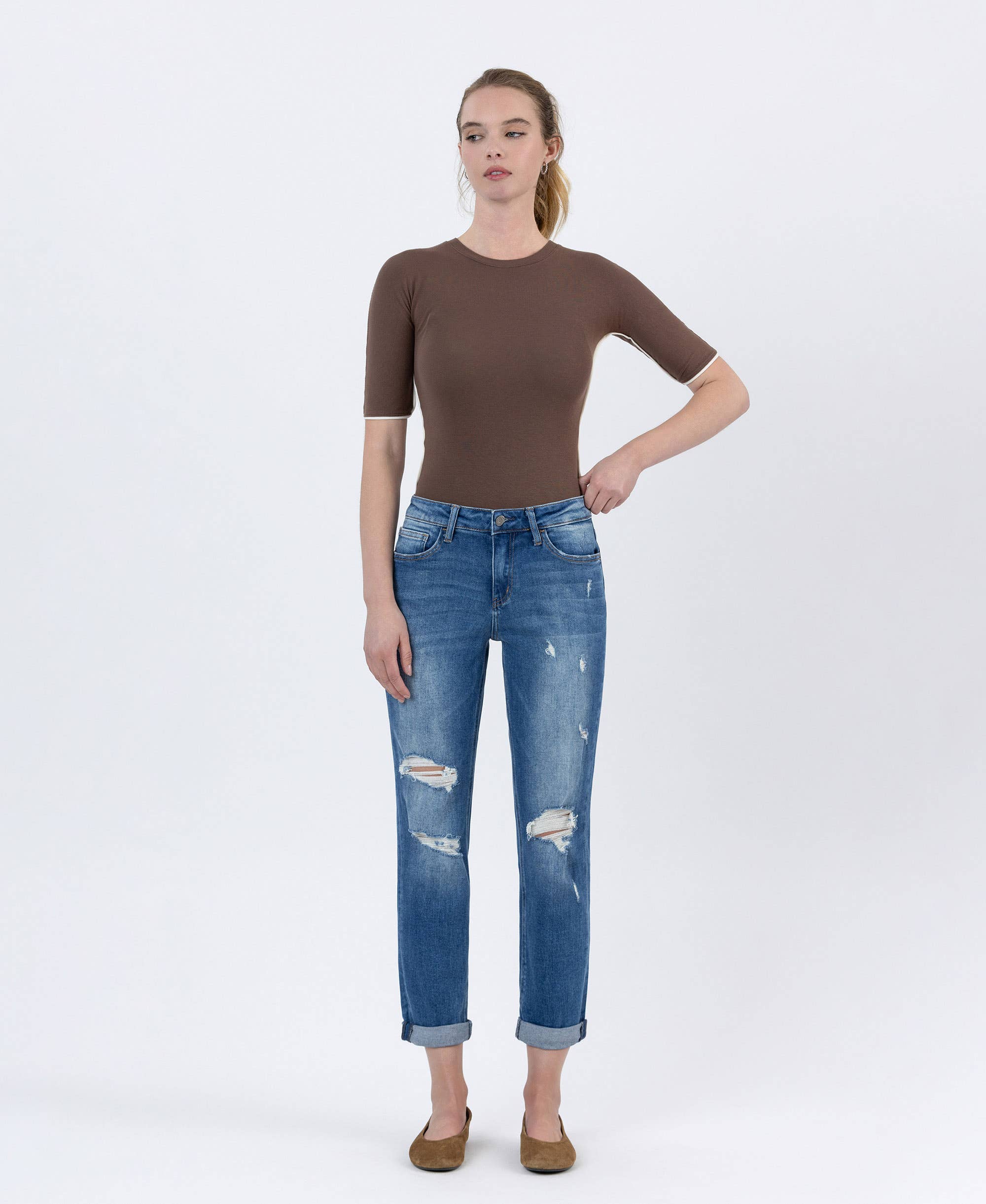 High Rise Distressed Cuffed Boyfriend Jean