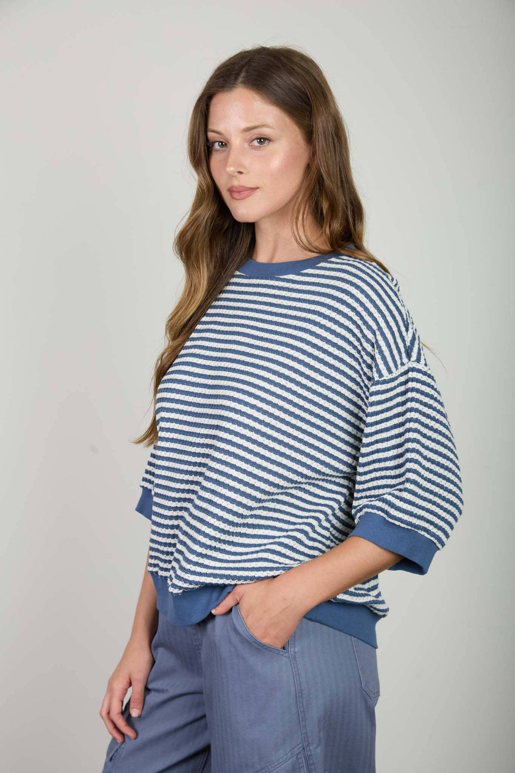 TEXTURED STRIPE DROP SHOULDER KNIT TOP