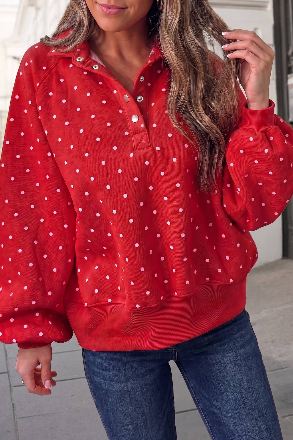 Polka Dot Print Button Collar Mockneck Sweatshirt | S-XL