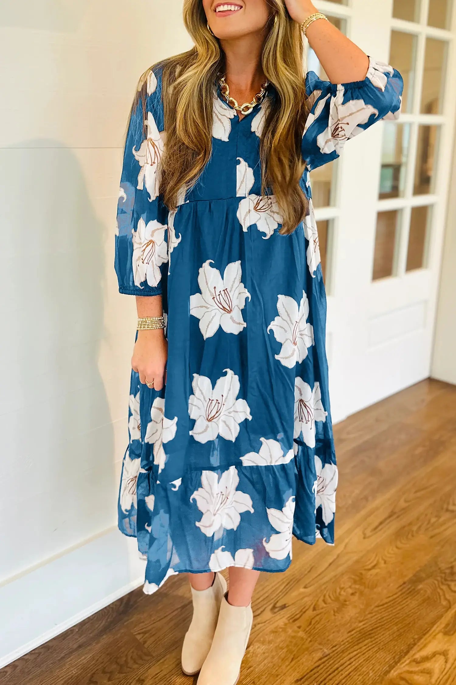 Floral Print Shirt Collar V Neck 3/4 Sleeve Shift Midi Dress