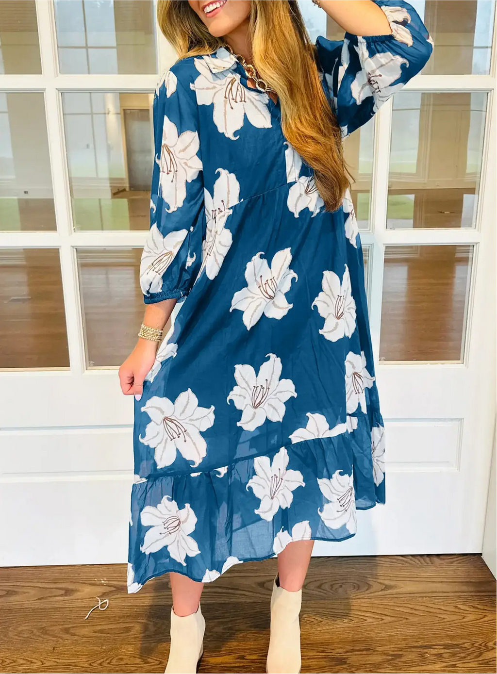 Floral Print Shirt Collar V Neck 3/4 Sleeve Shift Midi Dress