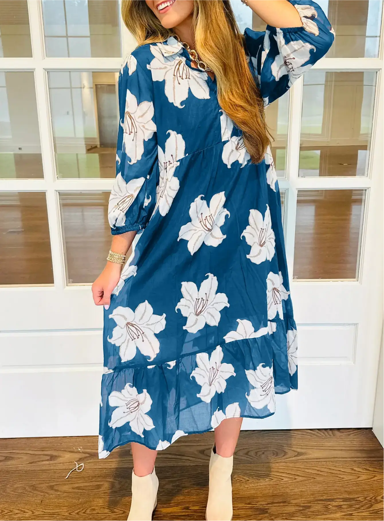 Floral Print Shirt Collar V Neck 3/4 Sleeve Shift Midi Dress