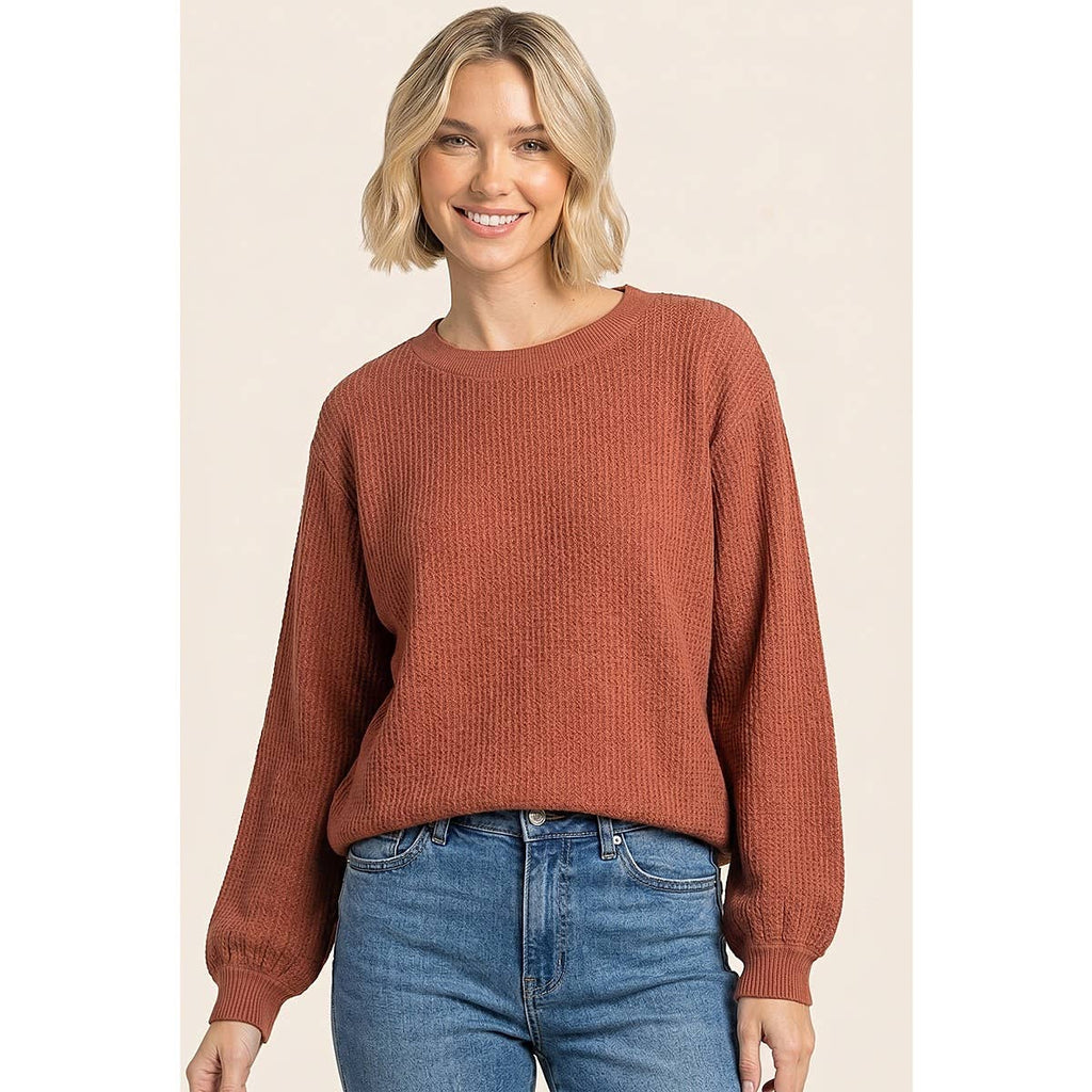 VERTICALLY TEXTURED BALLOON SLEEVE SWEATER