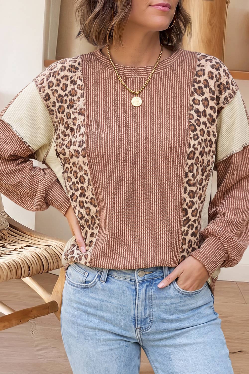 66 Leopard Print Colorblock Ribbed Knit Blouse (S-XL)