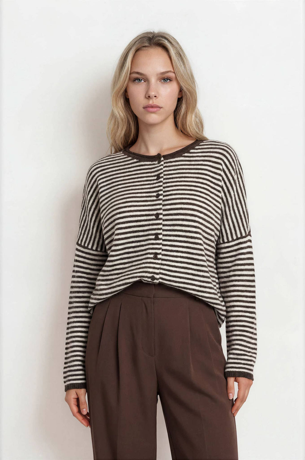 STRIPE RAW EDGE DROP SHOULDER KNIT CARDIGAN